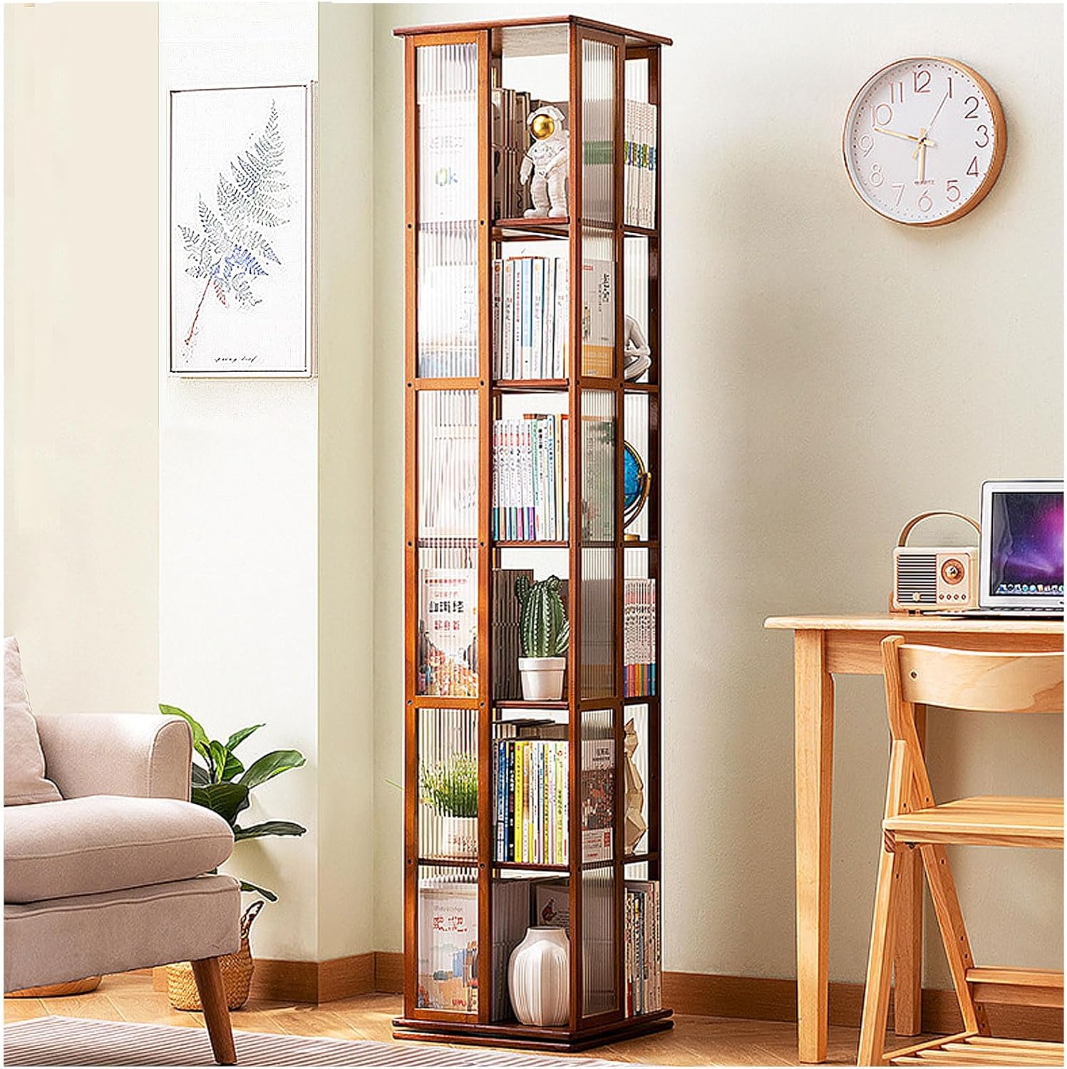 ARMERI 6 Tier Bamboo Bookcase Corner Tall Book Shelf Modern 360° Rotating Storage Display Rack Floor Standing Shelves with Open Design Shelving Unit for Home Office Living Room Study,Brown,6 Tier