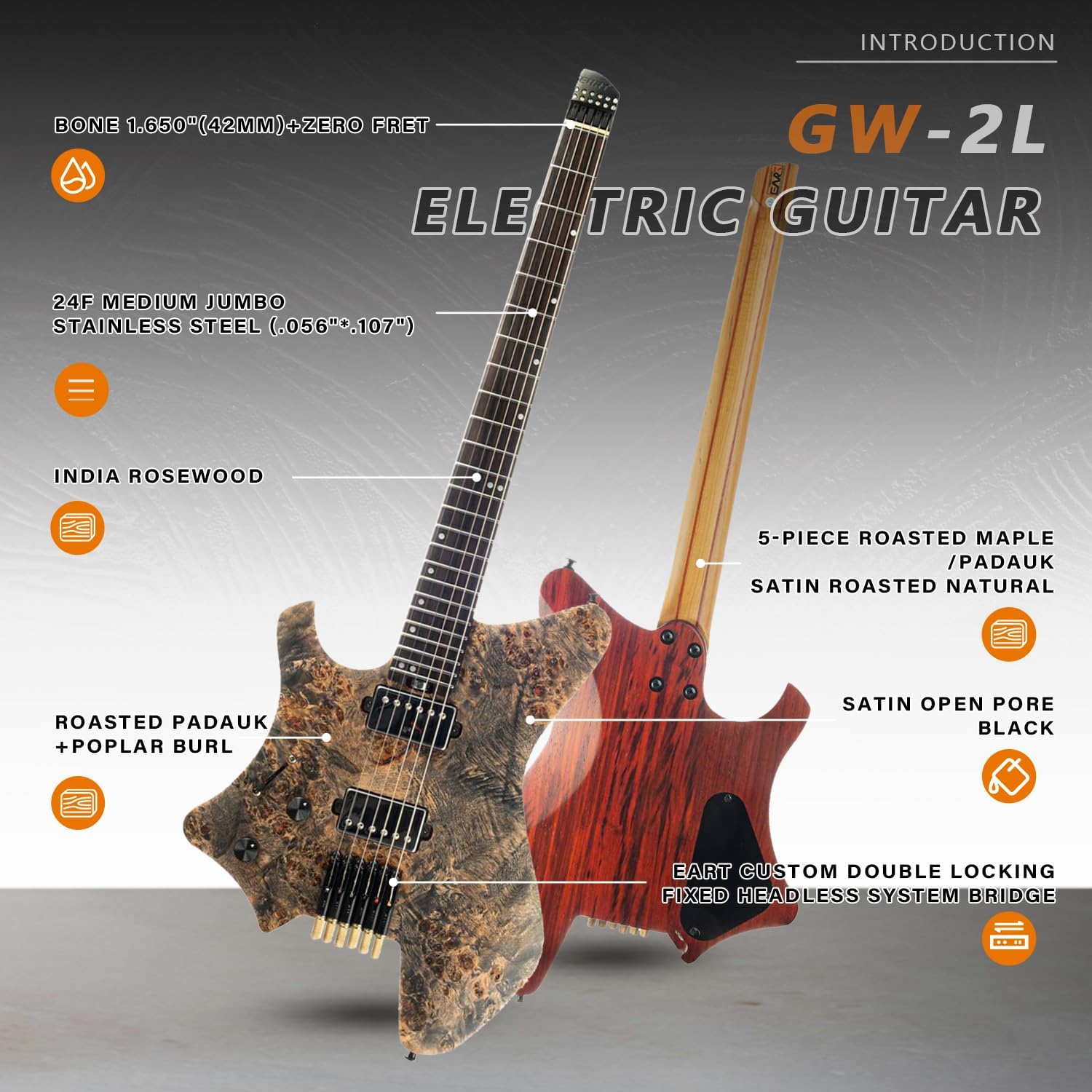 EART GW2L Headless Electric Guitar - Roasted Padauk/Poplar Burl Solid-Body, Compound Radius Neck, Custom Alnico-V Pickups, Headless Bridge System - Left Hand