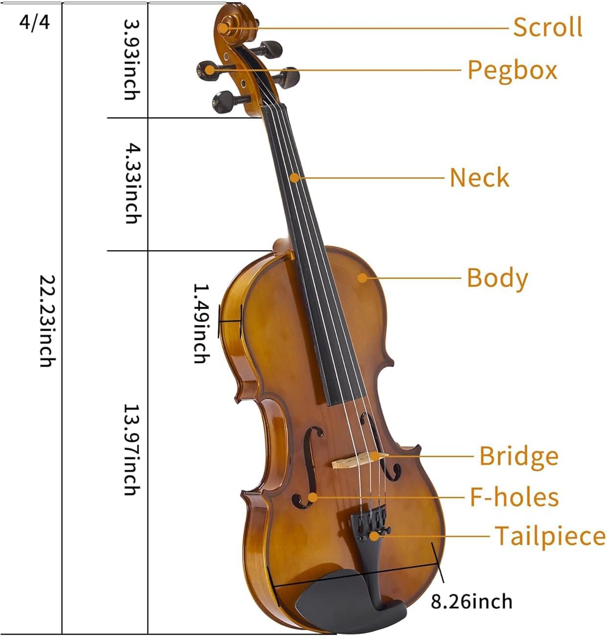 4/4 Acoustic Violin for Beginners, Full Size Plywood Fiddle Set for Kids and Adults with Hard Case, Bow, Extra Strings, Shoulder Rest, Rosin, Clip-on Tuner, Fingerboard Stickers, and Mute.