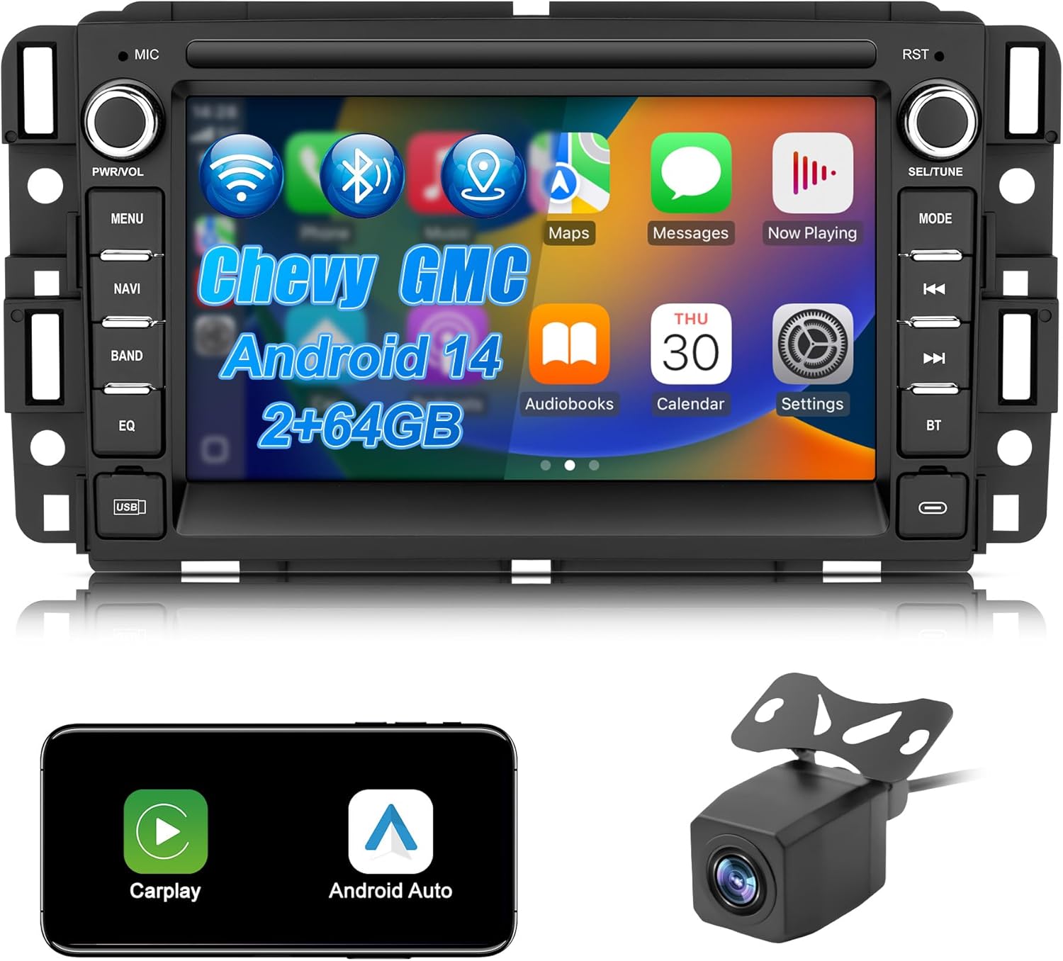 [2GB+64GB] Jimtour Car Stereo Radio Bluetooth for Chevy Silverado 2007-2013 Tahoe Impala GMC Sierra Yukon Buick, Android 14 Touchscreen GPS Navigation Head Unit with Carplay Android Auto Backup Camera