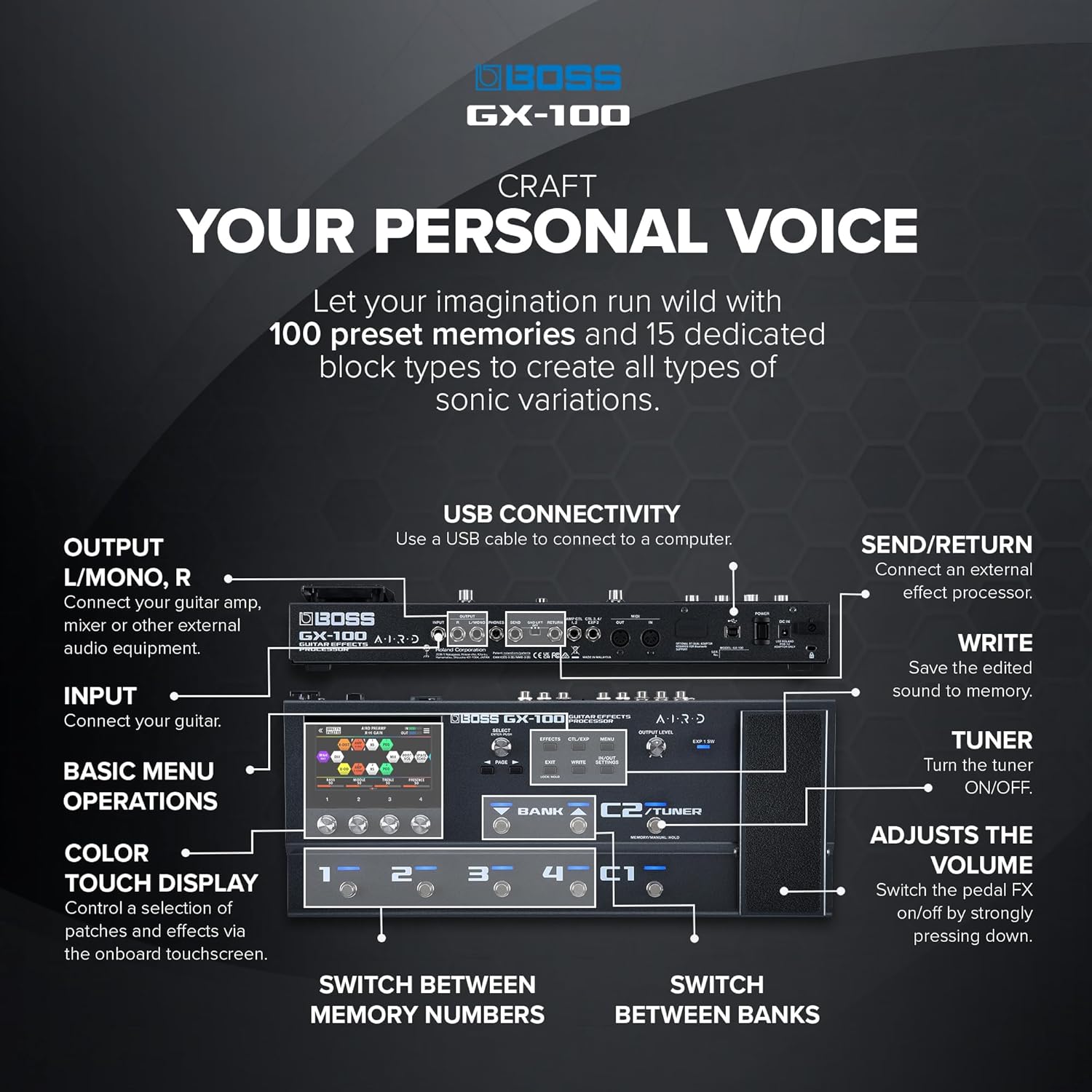 BOSS GX-100 | Advanced Guitar Effects Processor | Authentic Tube Amp Tone with AIRD Technology | 32 Amp Types & 170+ BOSS Effects Derived from the Flagship GT-1000