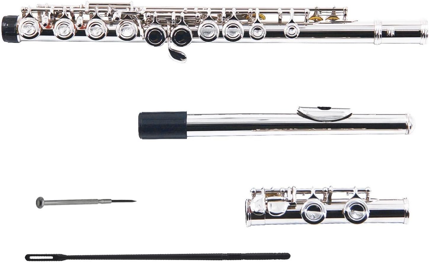 Flute Kit Closed Hole C Flute 16 Keys Cupronickel Nickel-Plated Wind Instrument with Flute Accessaries Intermediate Flute