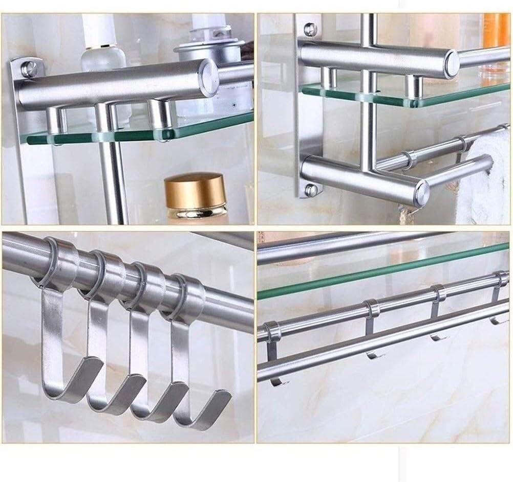 Corner Storage Holder Shelf Bathroom Glass Shelves Bath with Movable Hook Brushed Stainless Steel Wall Mount 16 Inch 2 Tiers(1 Tier-50cm)