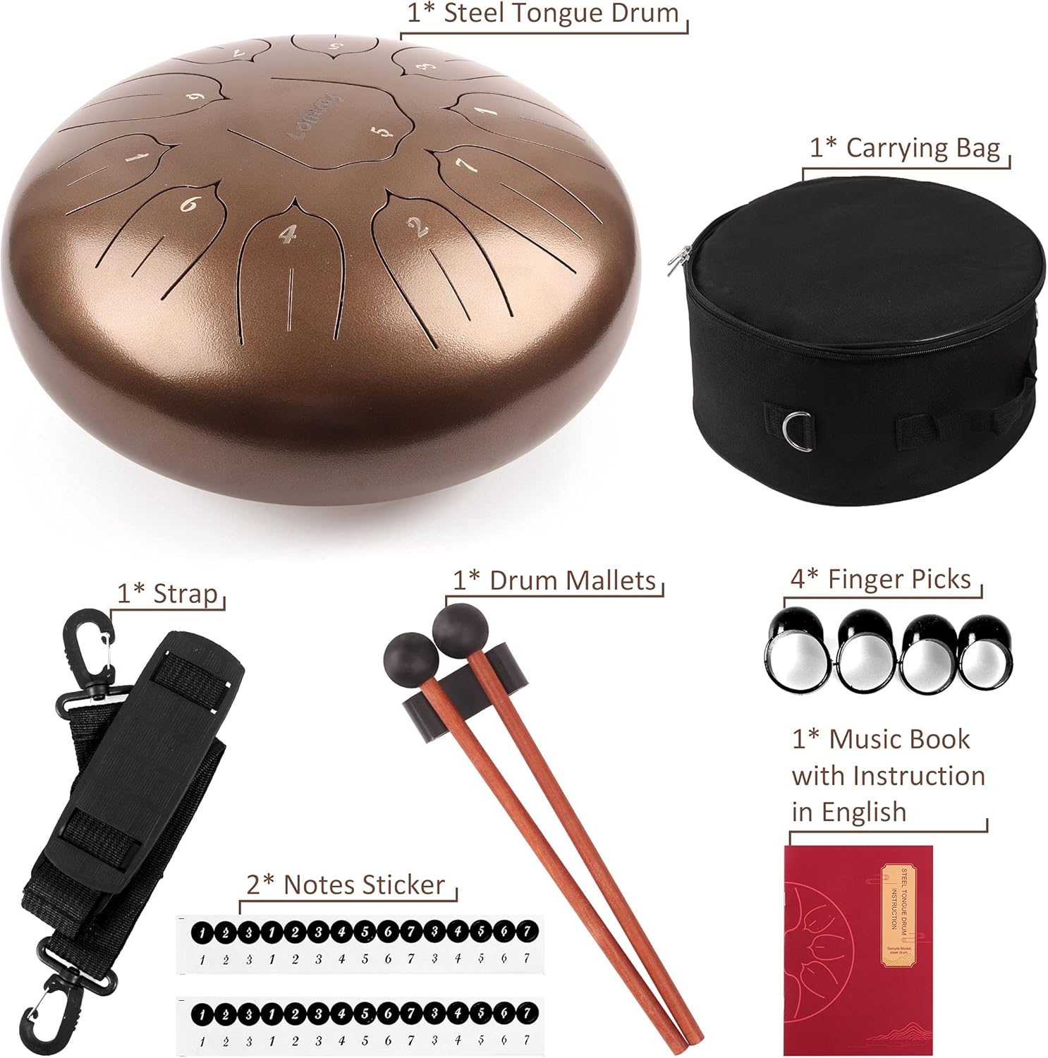 Steel Tongue Drum 12 Inch 11 Notes for Adults - Ethereal Metal Instrument for Meditation & Yoga with Music Book, Mallets & Carry Bag (Brown)