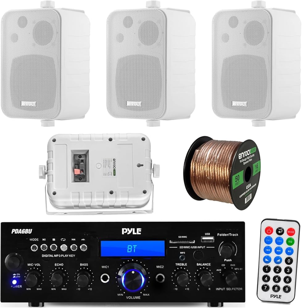 Pyle PDA6BU 200-Watt 2-Channel Digital USB/AUX FM Radio Stereo Amplifier Receiver, Bundle Combo With 4x Enrock EKMR408W 4