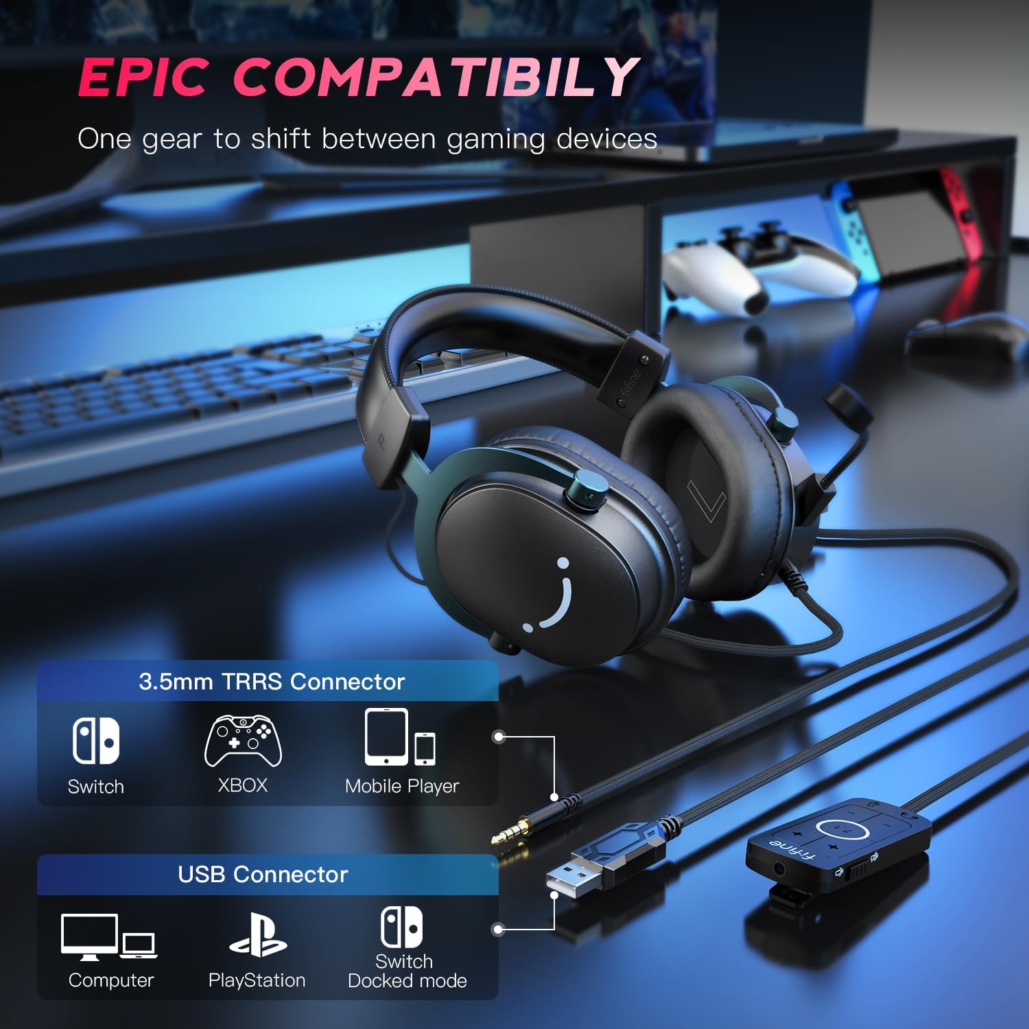 FIFINE Gaming Headset and XLR Dynamic Microphone Bundle, USB Headset Set with 7.1 Surround Sound for PS5/PS4, Podcast Recording Mic with RGB, Mute Button, Headphones Jack for Vocal YouTube (H9+AM8)
