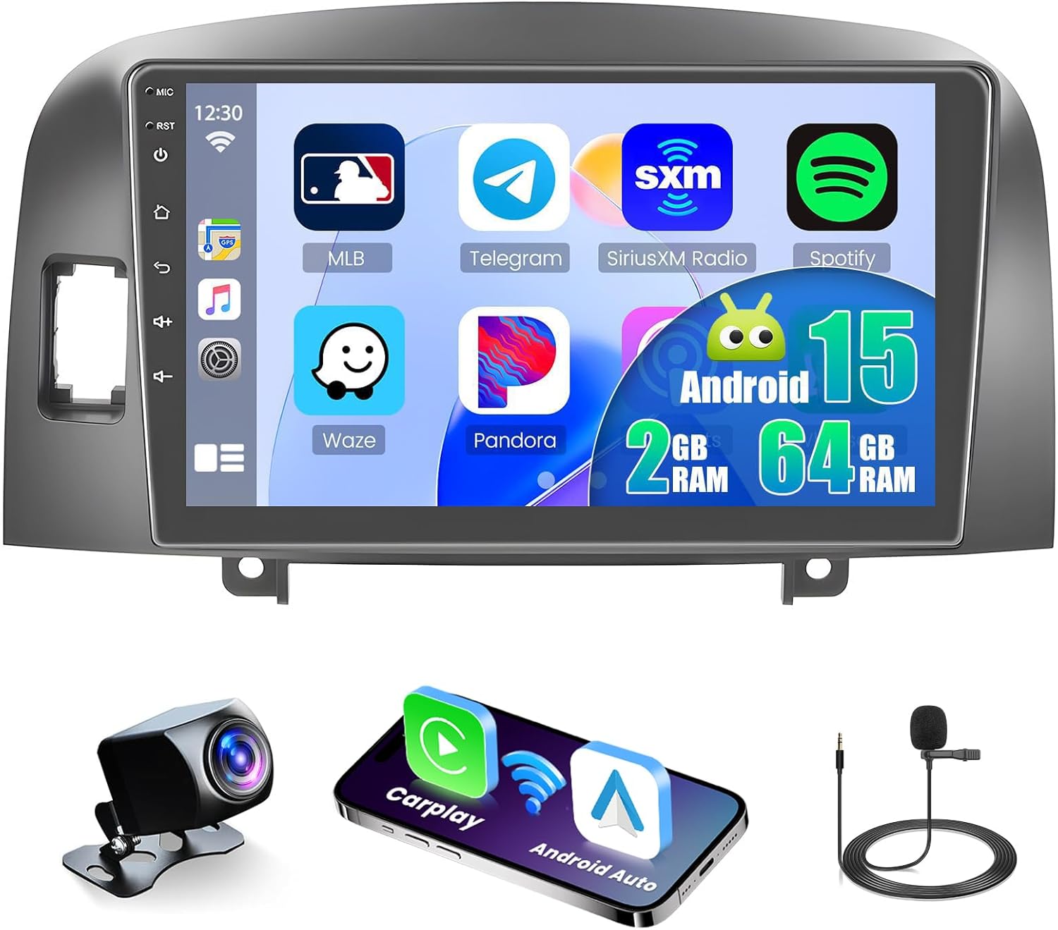 2+64G for Hyundai Sonata 2004-2008 Android 15 Car Stereo Wireless Apple CarPlay Android Auto,9 inch Touch Screen Radio WiFi Bluetooth GPS FM RDS+Free AHD Backup Cam