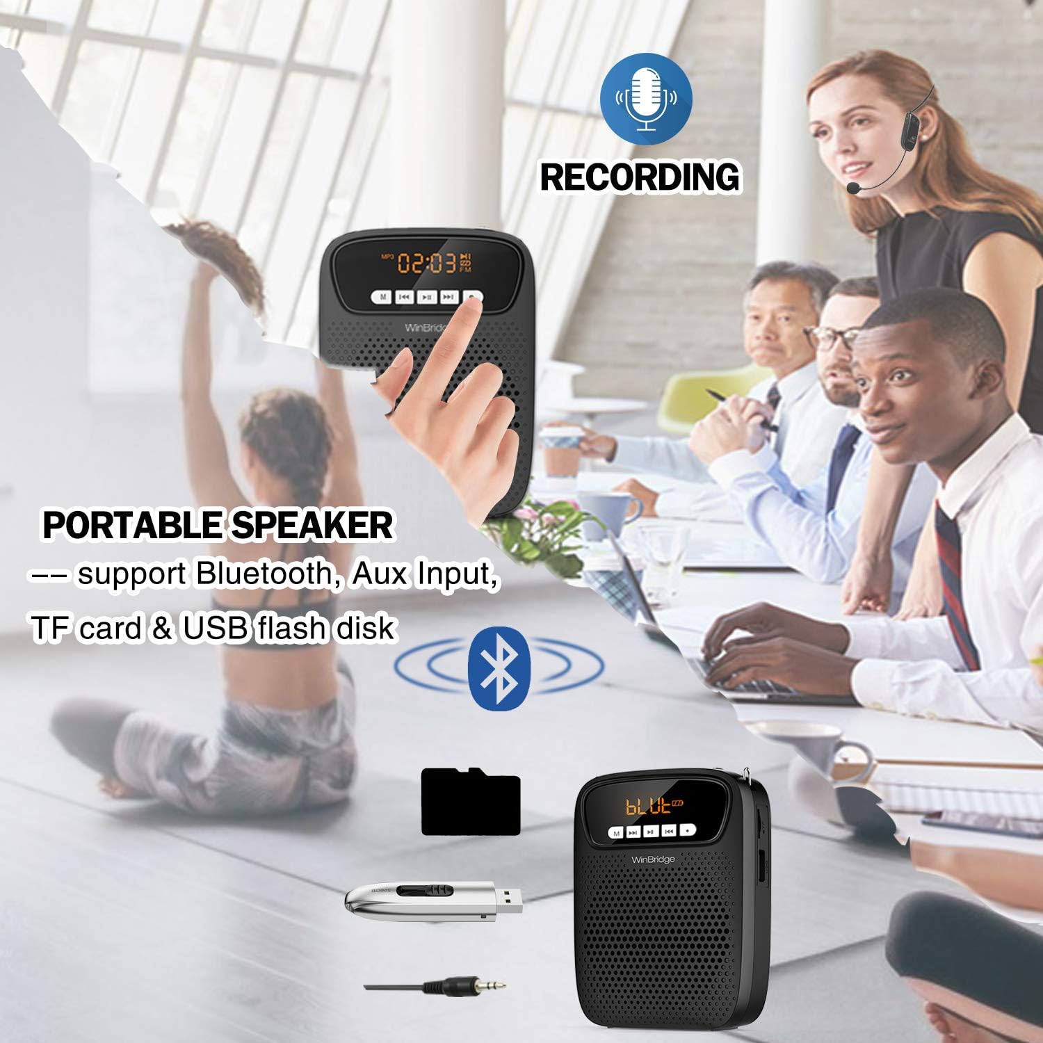 Portable Voice Amplifier Wireless & Wired Headset Microphone Speaker Mini Lightweight Personal Classroom Mic for Teachers Supports AUX Input,Bluetooth 5.0,Recording - S278UHF