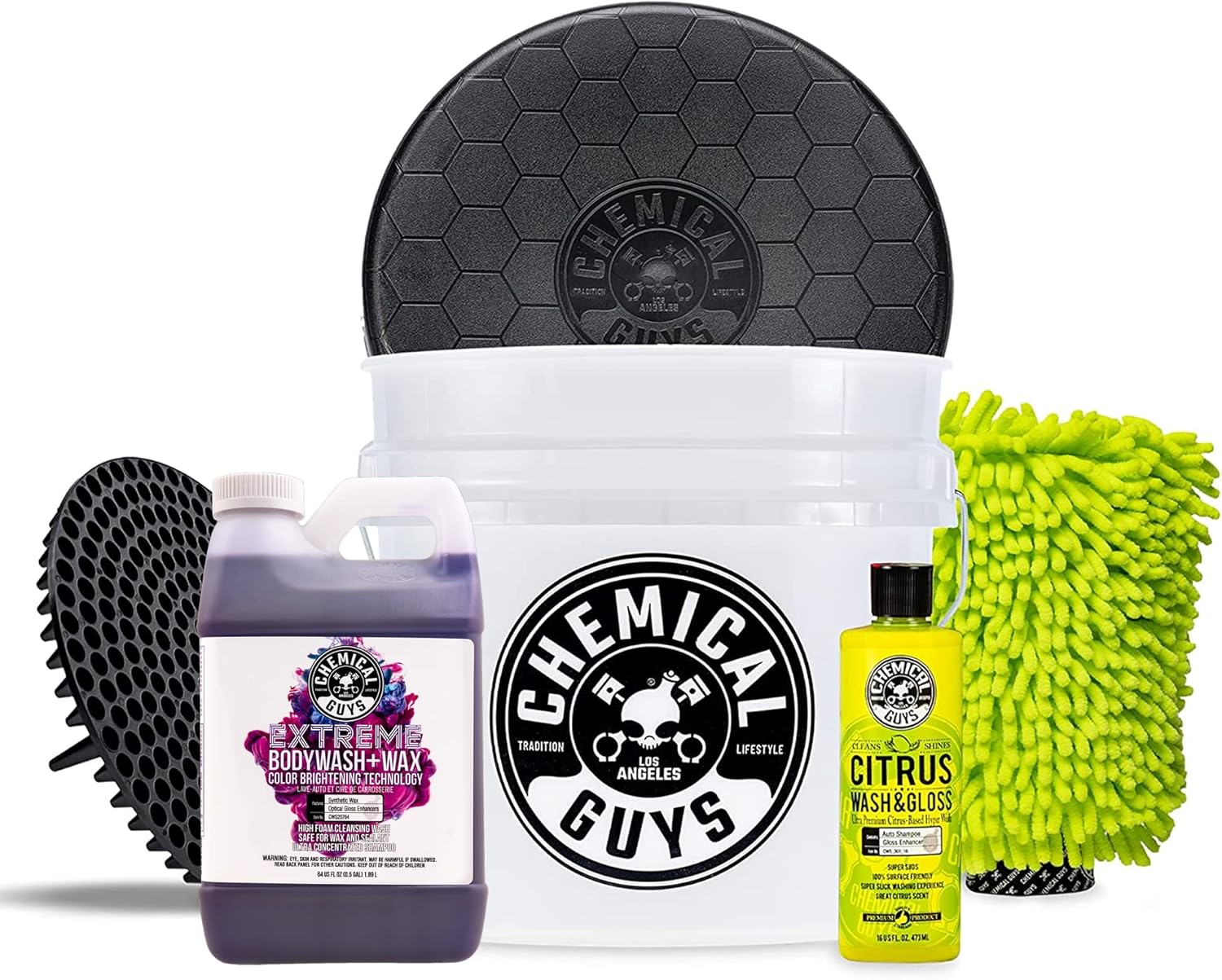 Chemical Guys CWS20764BK Car Wash Detailing Bucket, Mitt & Accessories Bundle (6 Items) Featuring Extreme Bodywash & Wax Foaming Car Wash Soap, 64 oz (.5 Gal) - Works on Cars, Trucks, SUVs, RVs & More