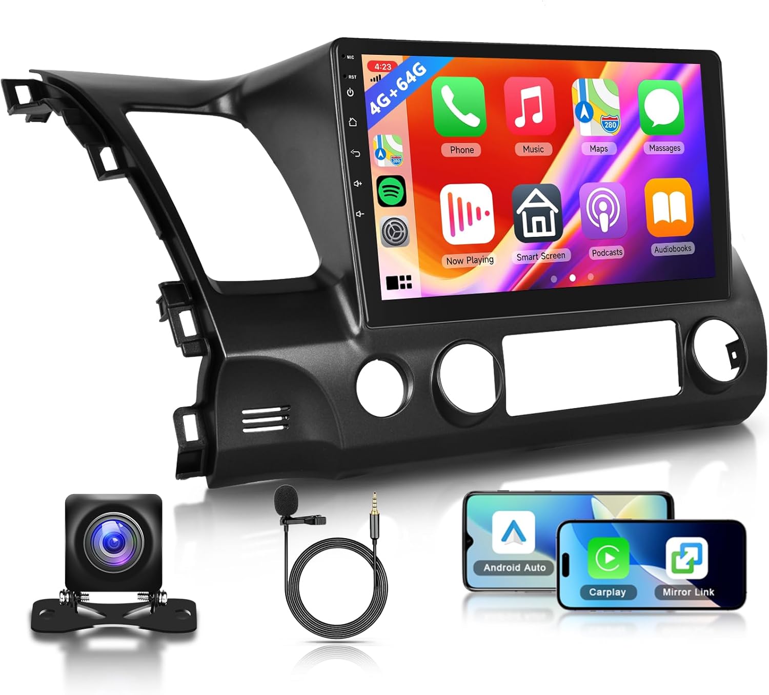 4G+64G Radio for Honda Civic 2006 2007 2008 2009 2010 2011 Car Stereo, Wireless CarPlay Android Auto 10.1 Inch IPS Touch Screen Android 13 GPS WiFi Bluetooth DSP Audio HD Backup Camera