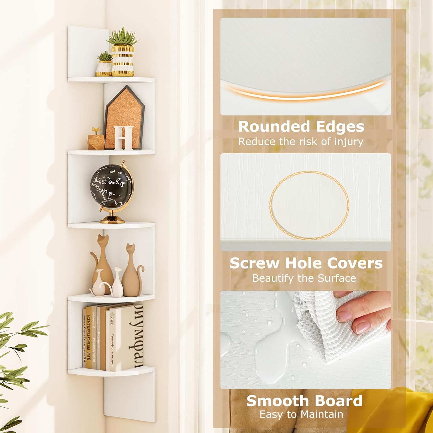 Tangkula 5-Tier Corner Shelf Wall Mount, Farmhouse Floating Corner Bookshelf, Industrial Modern Display Shelf Stand, Wooden Storage Organizer for Living Room Home Office (2, White)