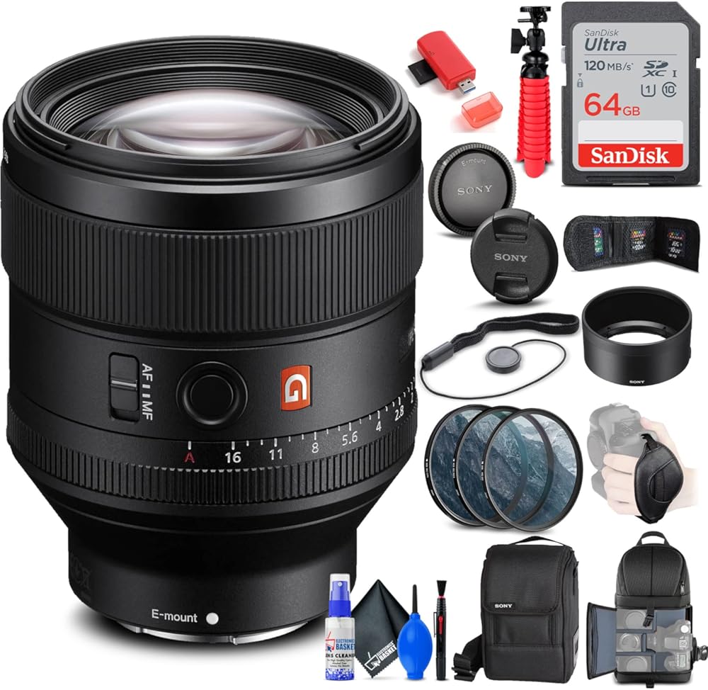 Sony FE 85mm f/1.4 GM Lens (SEL85F14GM) + Filter Kit + Backpack + 64GB Card + Card Reader + Flex Tripod + Memory Wallet + Lens Cap Keeper + Cleaning Kit + Hand Strap + More (Renewed)
