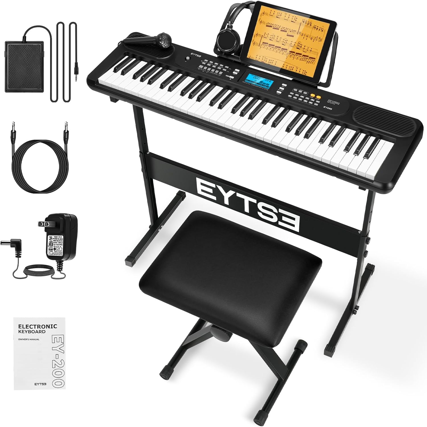 61 Key Electronic Piano Keyboard for Beginners Full Set with LCD Display, 300 Tones, 300 Rhythms, 50 Demos, 3 Teaching Modes, Stand, Bench, Headphones, Microphone