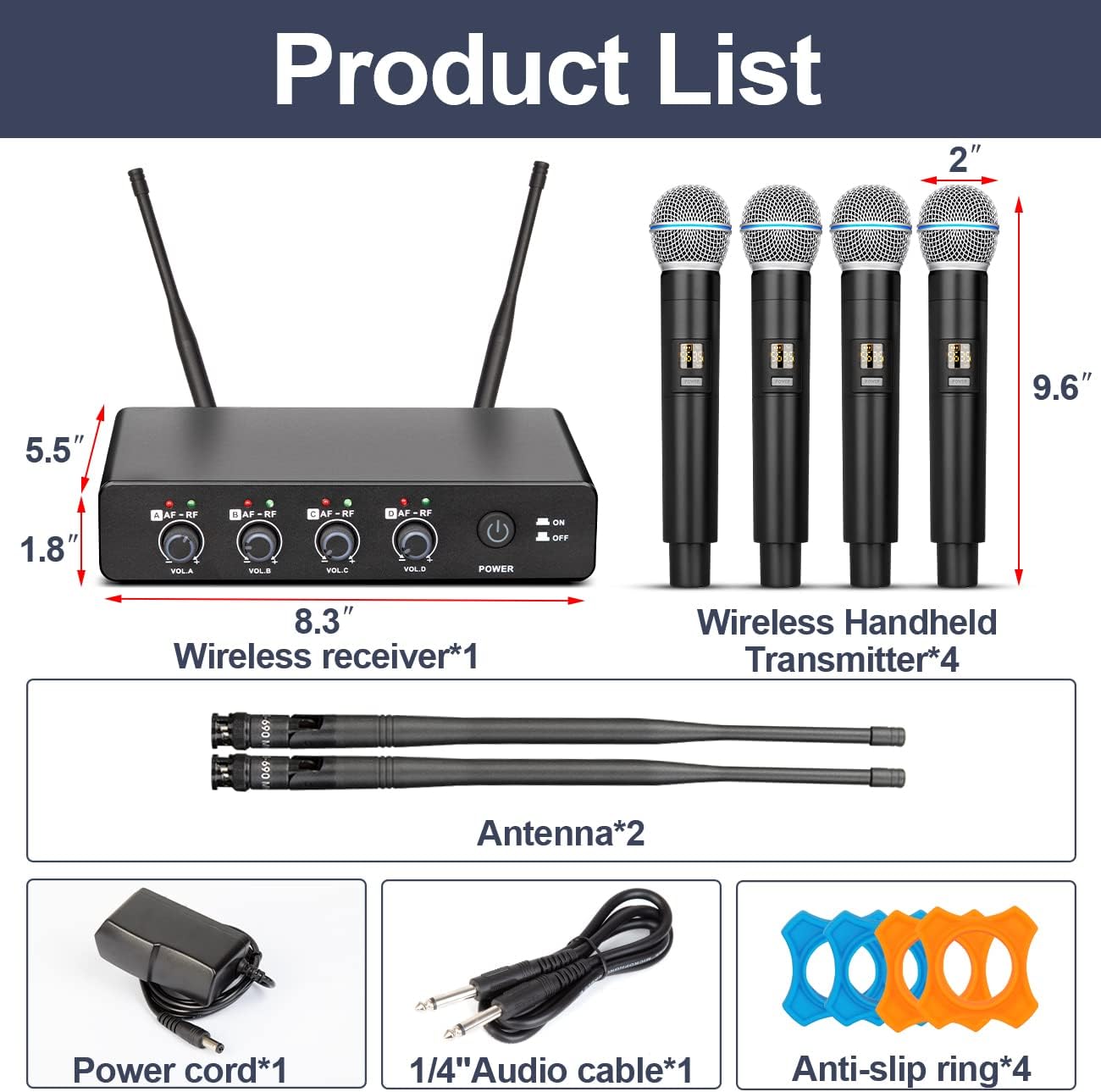 Depusheng R4 Karaoke Wireless Microphones Professional 4 Channels Handheld Wireless Microphone System Metal Dynamic Mic for Karaoke Singing, House Party, Church, Performance