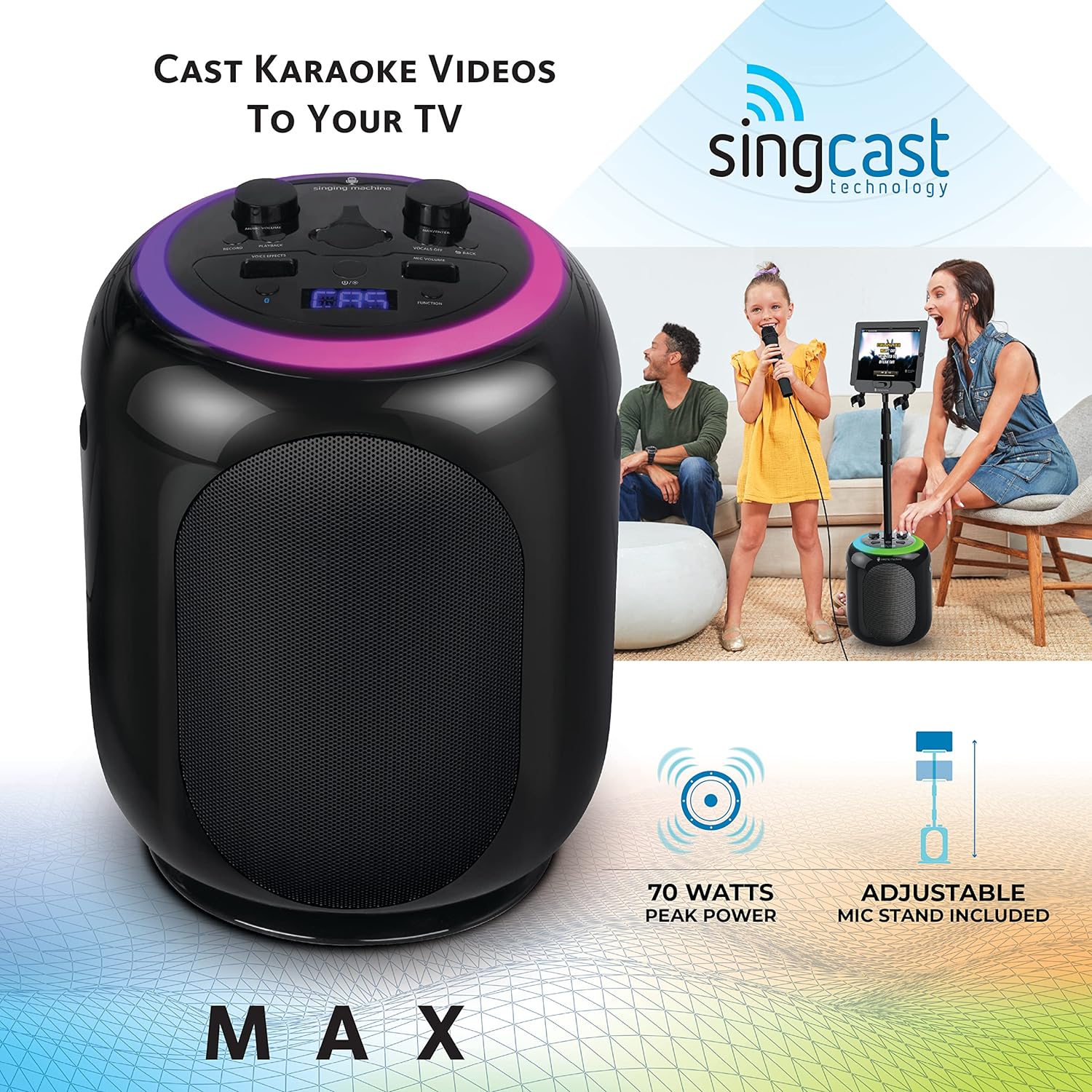 Singing Machine SingCast MAX Bluetooth Video Casting Karaoke Machine, Party Speaker, Microphone, 22 Voice Effects, Pitch Correction, Lights, Stand, 35W Sound for PA System Function for Adults & Kids