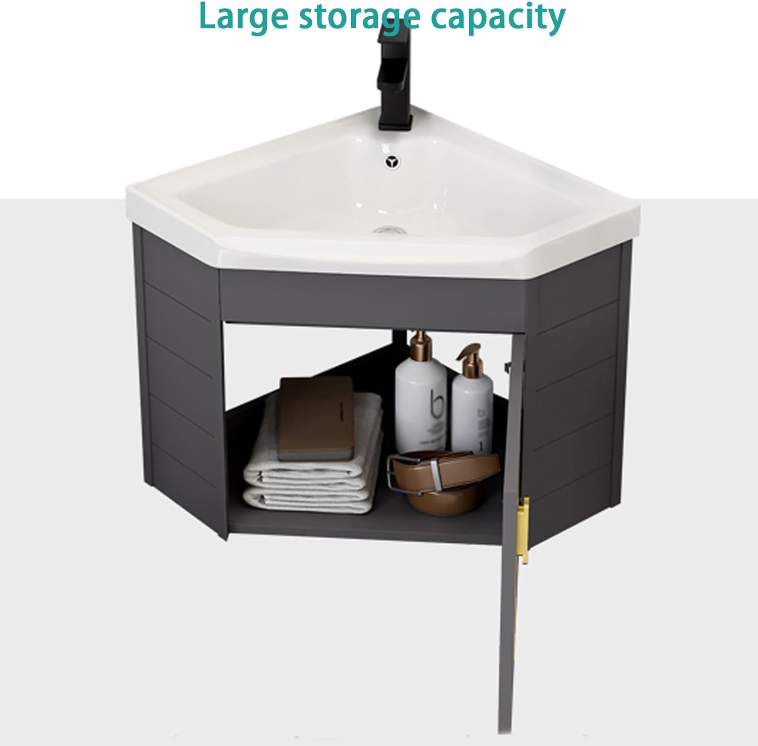 Corner Bathroom Sink, Triangle Wall Mount Corner Bathroom Vanity, Ceramic Wash Basin with Storage Container, Bathroom Sink Cabinets for Small Spaces(48cm/18.8in)