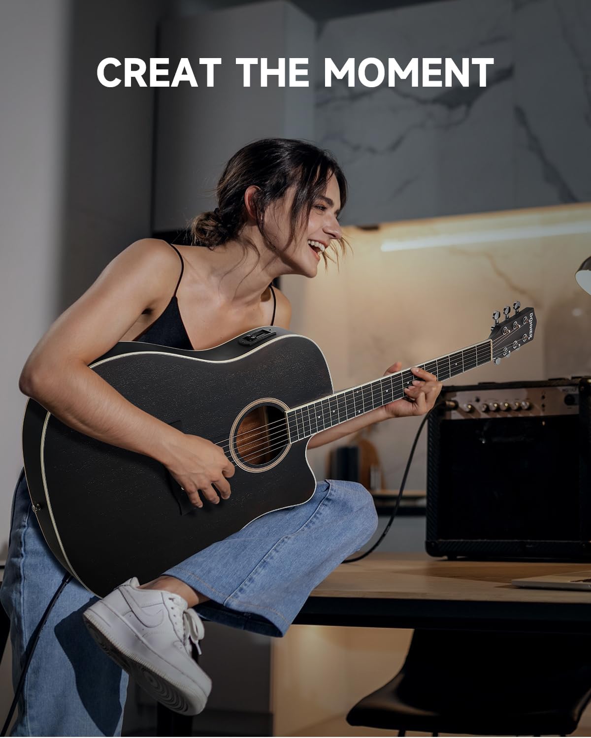 Donner 41-Inch Acoustic Electric Guitar Kit for Beginners, Full Size with Capo, Picks, Tuner, Strings, Strap - Black