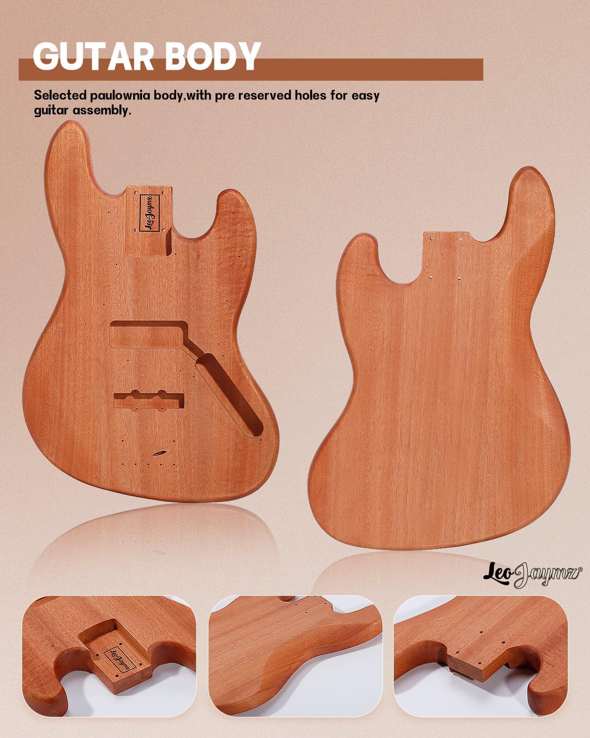 Leo Jaymz DIY Electric Bass Guitar Kits - Mahogany Body, Roasted Maple Neck and Laurel Wood Fingerboard - Fully Components Included (JB)