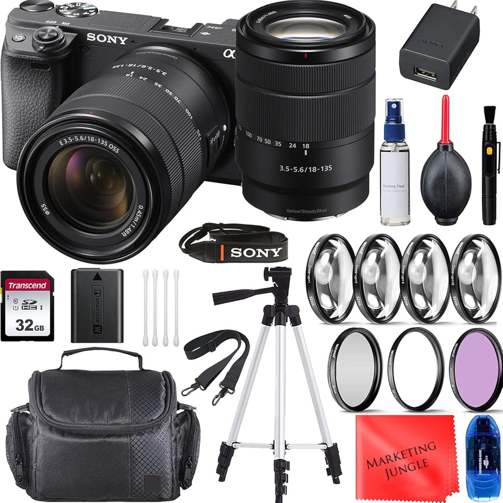 Sony Intl. Alpha a6400 Mirrorless Digital Camera with 18-135mm Lens (Black) Bundle, Starter Kit + Accessories(Memory Card, Cleaning Kit, 50 inch Tripod, Gadget Bag), compact (Renewed)
