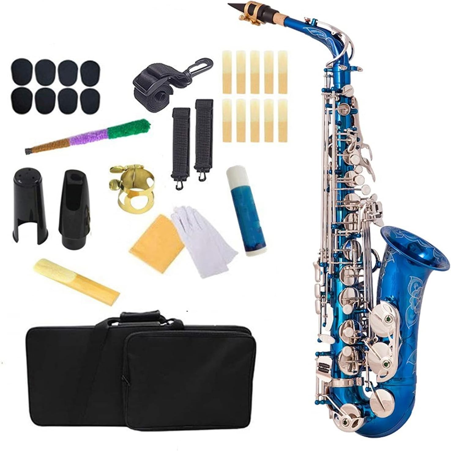 Sax Beginners Kit Blue Silver EB Alto Saxophone Brass Lacquered E Flat Sax 802 Key Type Woodwind Instrument Wind Instrument