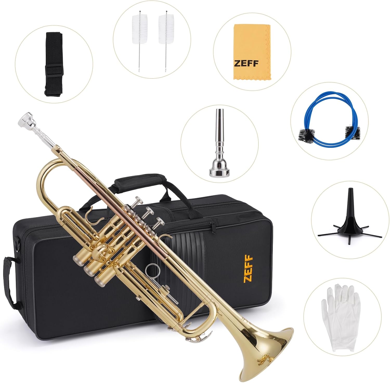 ZEFF Bb Standard Trumpet for Beginners,Trumpet for Student with Hard Case,7C Mouthpiece,Cleaning Cloth,Gloves,Brass Musical Instruments for beginners and Adults