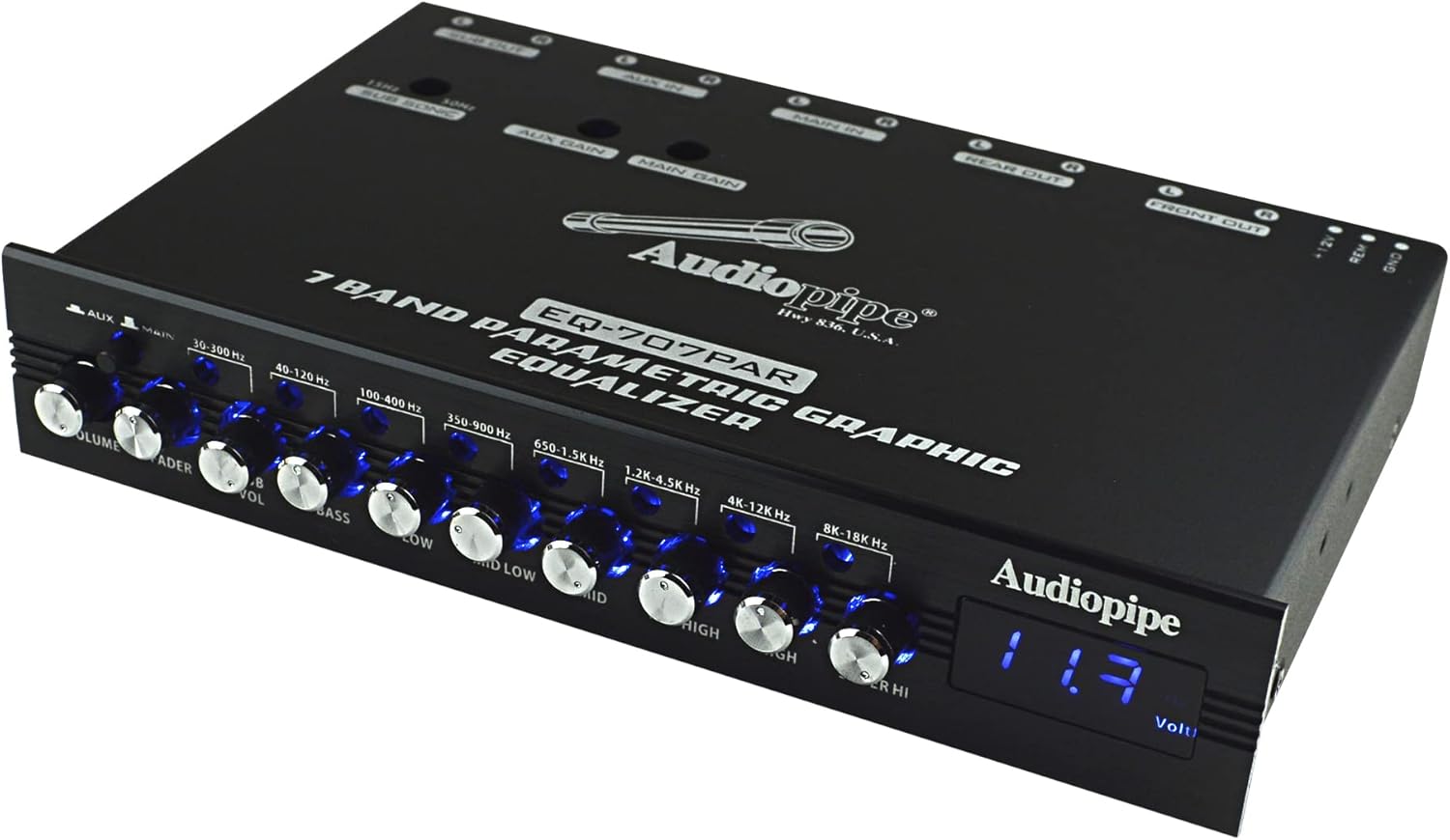 Audiopipe 7 Band Parametric Graphic Equalizer with 9V Line Driver (EQ-707PAR), Named Bands, Front, Rear, Subwoofer RCA Output, LED Display, LED Knobs, Level Control, Low-Pass/Subsonic Filter, Main/Aux
