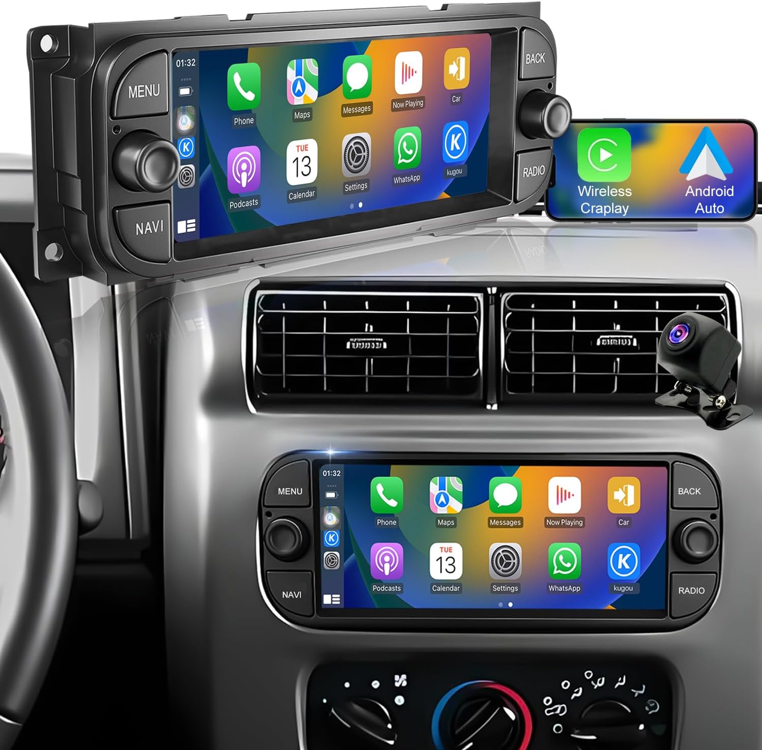 For Jeep Wrangler Radio 2003 2004 2005 2006, Grand Cherokee Radio 1999-2004, Dodge Ram 1500/2500/3500 Radio 2002-2005 Grand Caravan 2001-2007, Chrysler Car Stereo 6.8inch Wireless Carplay Android Auto