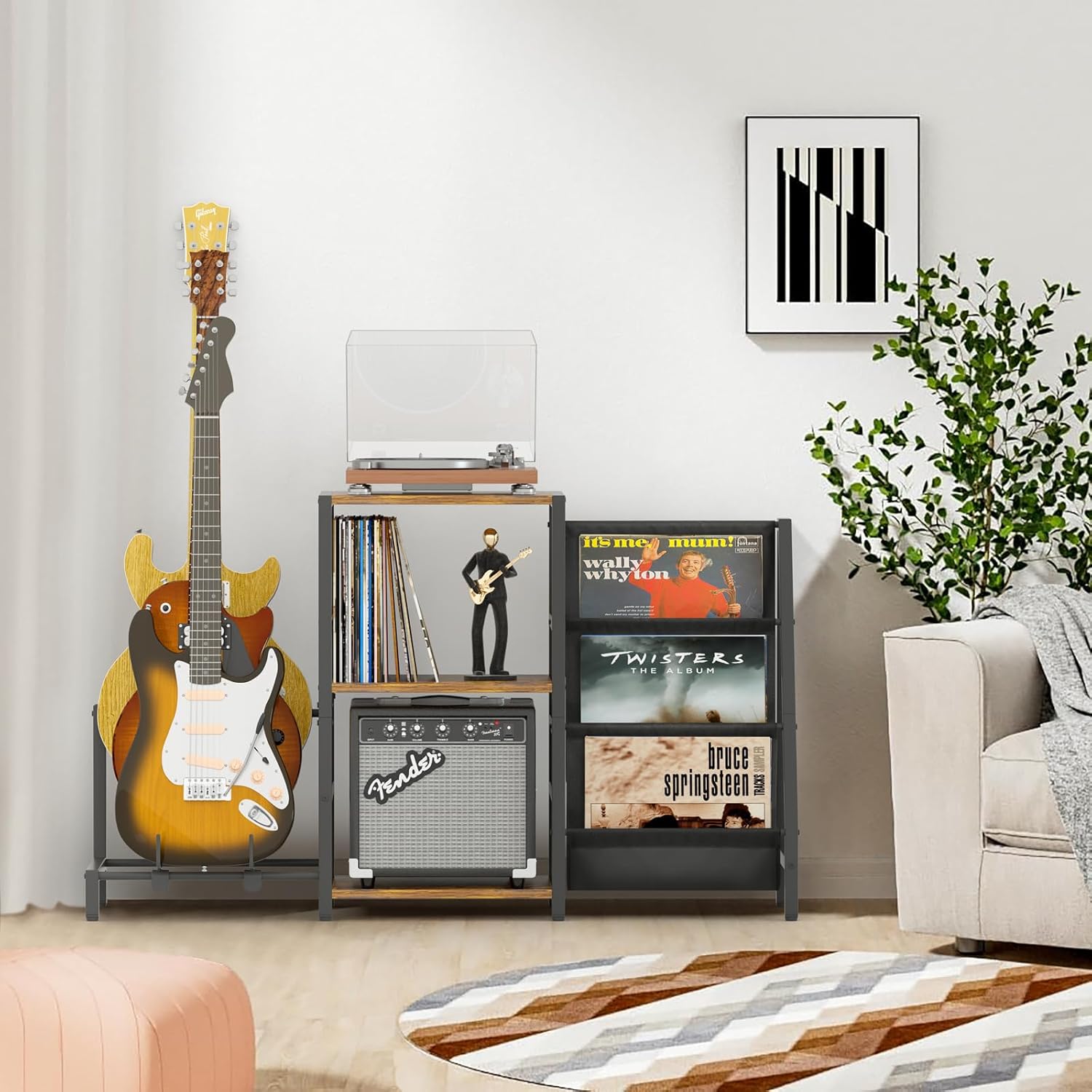 Bikoney Record Player Stand, Guitar Stand for Acoustic, Electric Guitar, Bass with Amp Stand, 3-Tier Vinyl Record Storage Up to 200 Albums, Record Player Table for Record Player, Speaker, Amplifier (3 guitar stand, Brown)