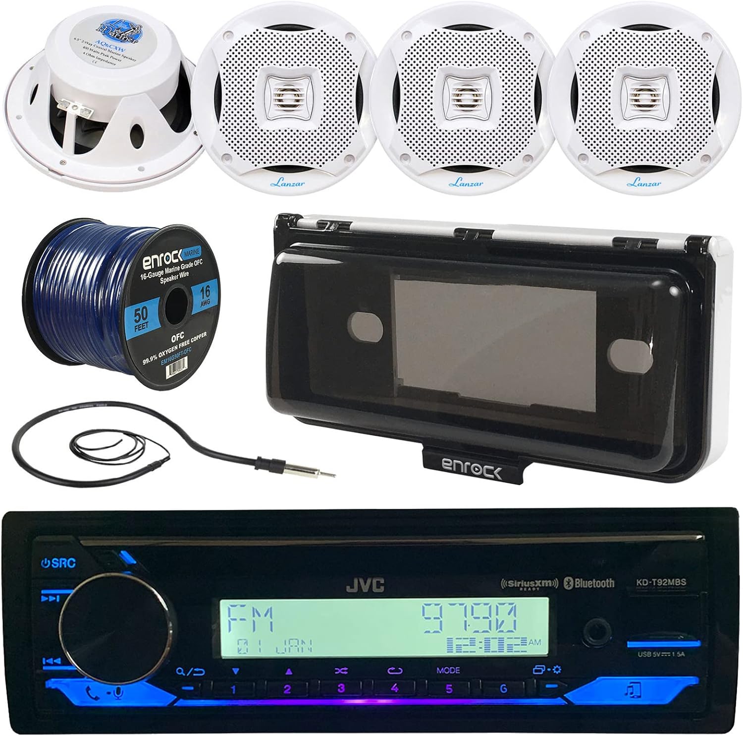 Single DIN Marine Motorsports Bluetooth USB AUX AM/FM Radio Stereo CD Player Receiver + 4X 400W 6.5