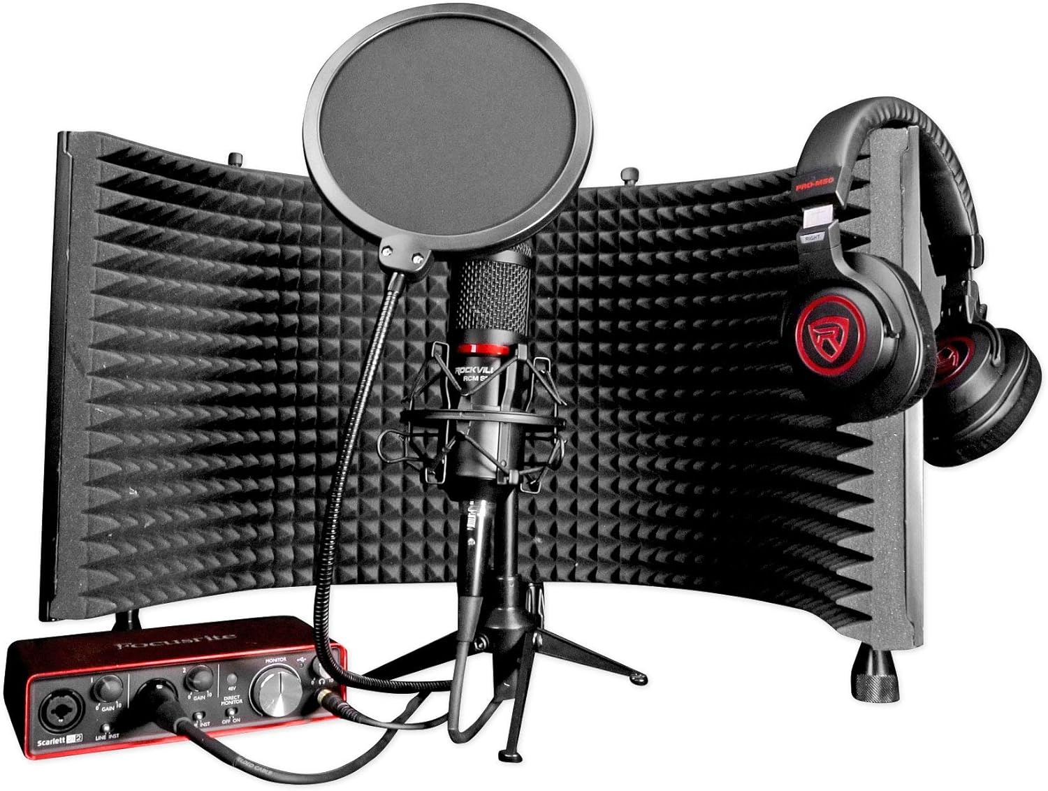 Audiosavings Bundle: (1) Focusrite Vocaster Two USB-C Audio Interface Bundle with (2) Rockville Studio Headphones & (2) Rockville Recording Microphone & (2) Rockville RDTS Microphone Stand (7 Items)