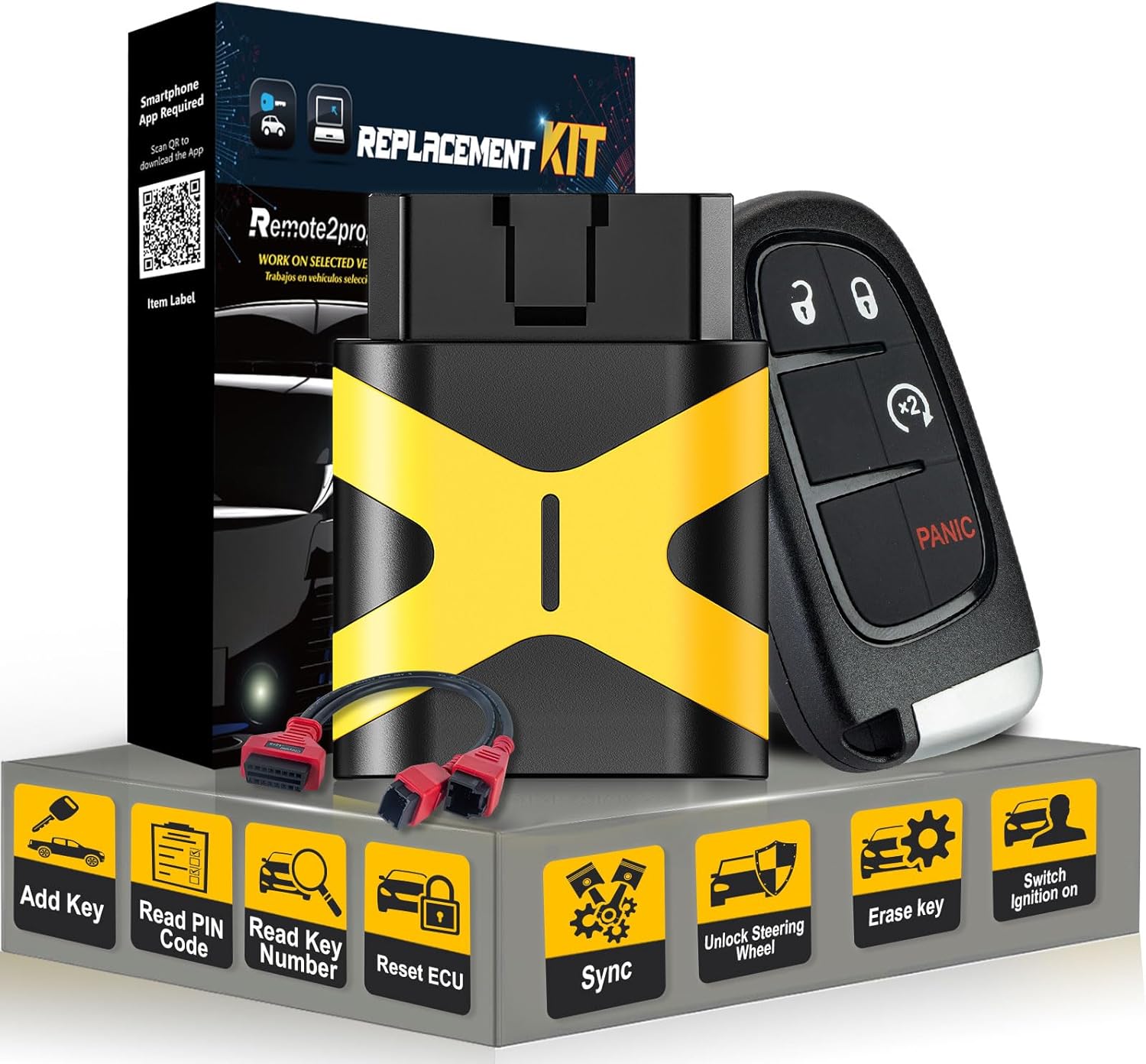 Smart Key Self Programmable Car Key/12+8 Cable Adapter and Keyless Entry Remote Replacement for 2018-2020 Jeep Cherokee with FCC: GQ4-54T (4 BUTTON/4A CHIP)