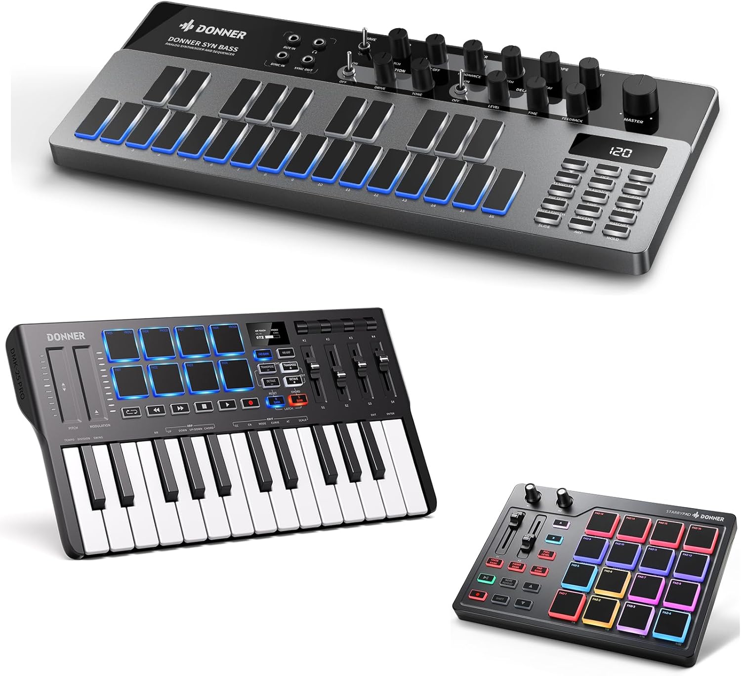 Donner DMK25 Pro MIDI Keyboard+Starry MIDI Pad Beat Maker+Essential B1 Synthesizer
