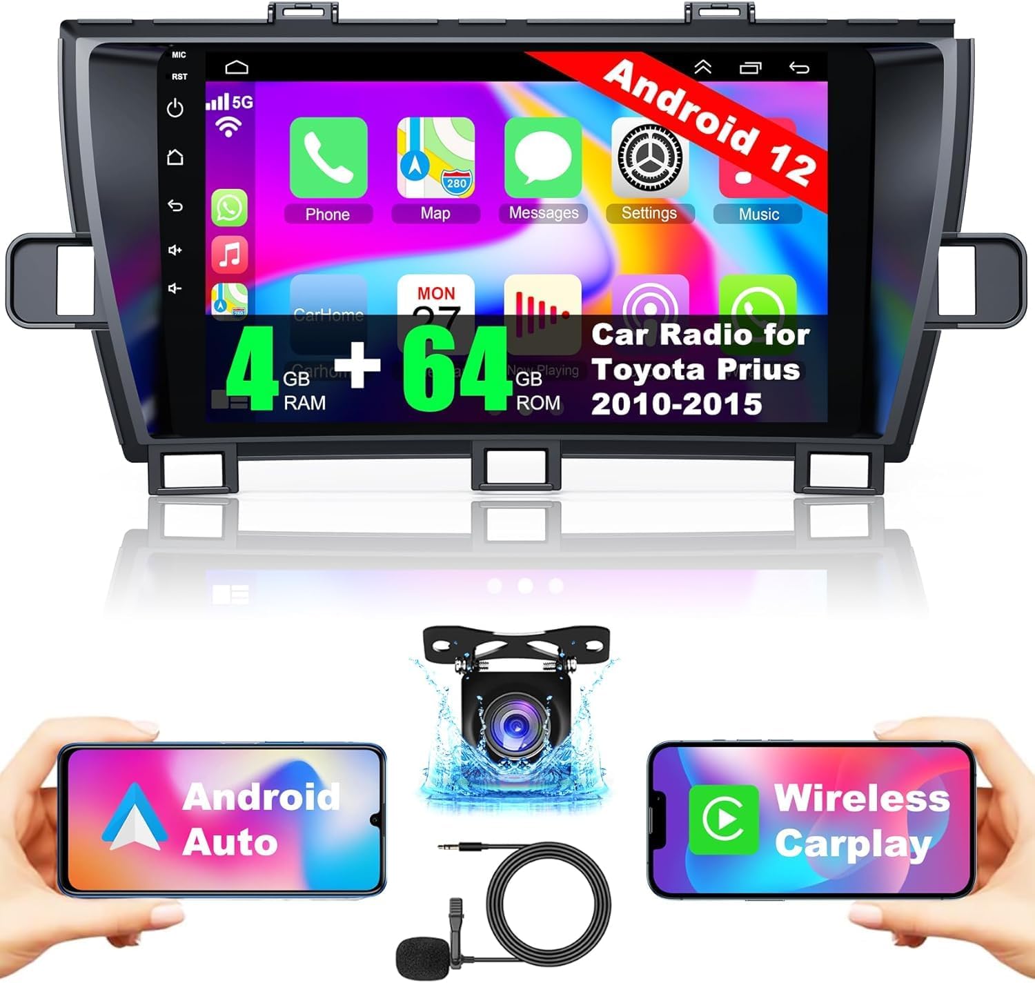 [4+64G] Android 12 Car Stereo for Toyota Prius 2010-2015 Support Wireless Carplay&Android Auto, 9 inch IPS Touchscreen Prius Radio with GPS, WiFi, FM Radio+HD Backup Camera+MIC