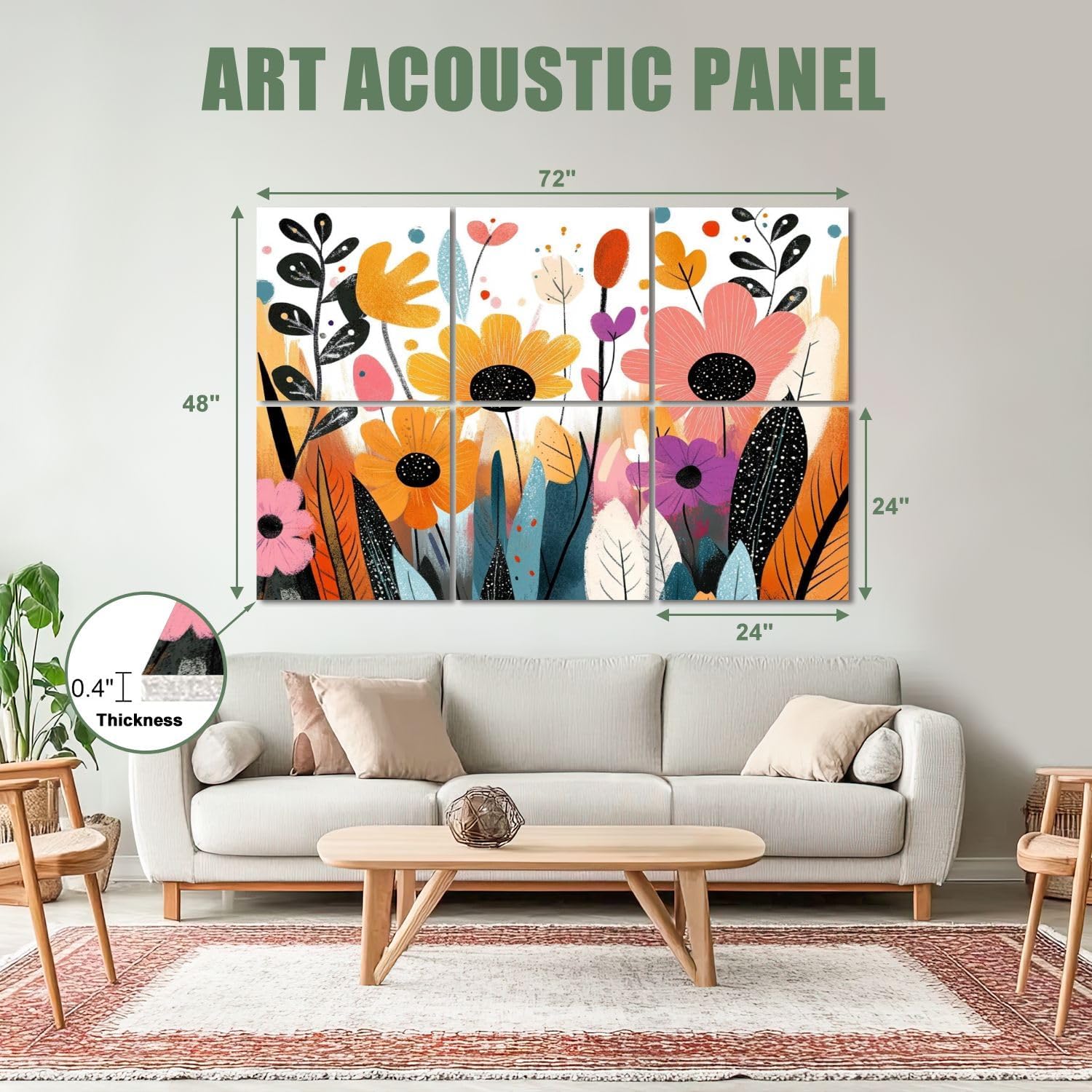6 Pack Art Acoustic Panels Sound Absorbing Floral Botanical Neutral Plant Flowers Leaves Nature Motifs Abstract Decorative Soundproof Wall Panels Self Adhesive for Recording Studios Office 72