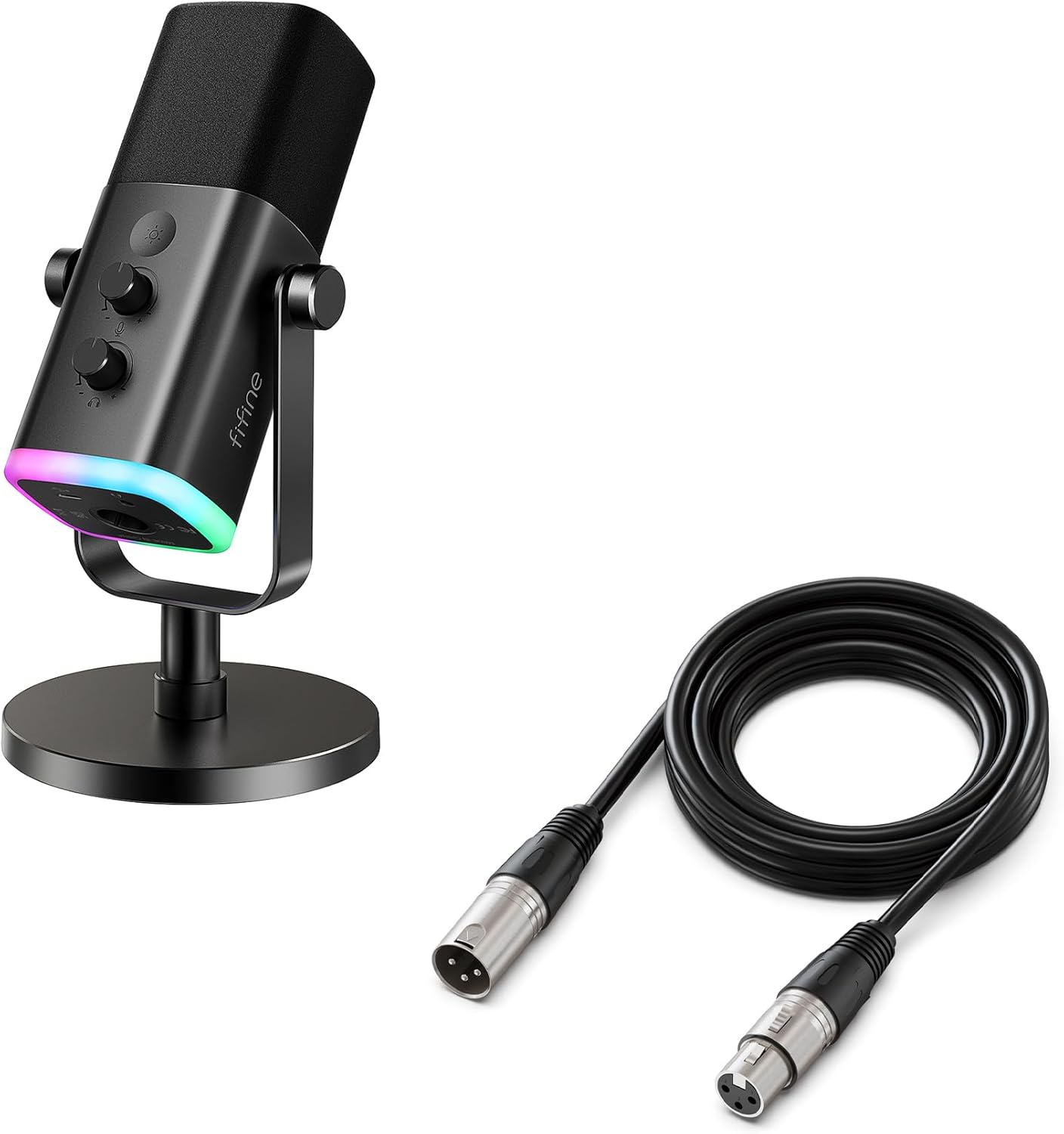 FIFINE XLR/USB Dynamic Microphone and XLR Cable Set,PC Computer Gaming Streaming Mic with RGB Light,9.8ft Cable with Balanced 3 PIN, Male to Female Cord,Compatible with Audio Mixer (AM8+L9)