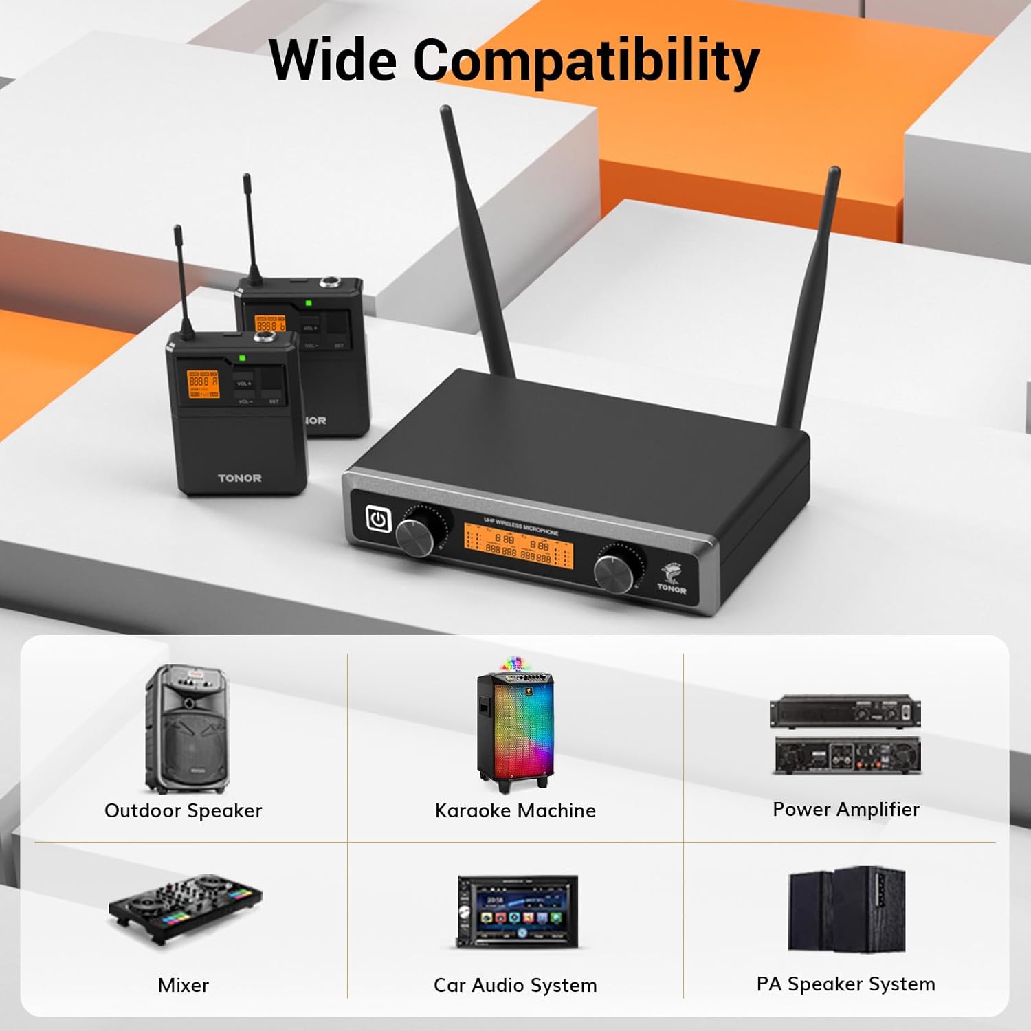 TONOR UHF Wireless Microphones System with Headset/Lavalier Lapel Mics, Bodypack Transmitter, Receiver, 2*15 Channels, 200ft Range for Live Singing Karaoke Church Party DJ PA Speaker Mixer Recording