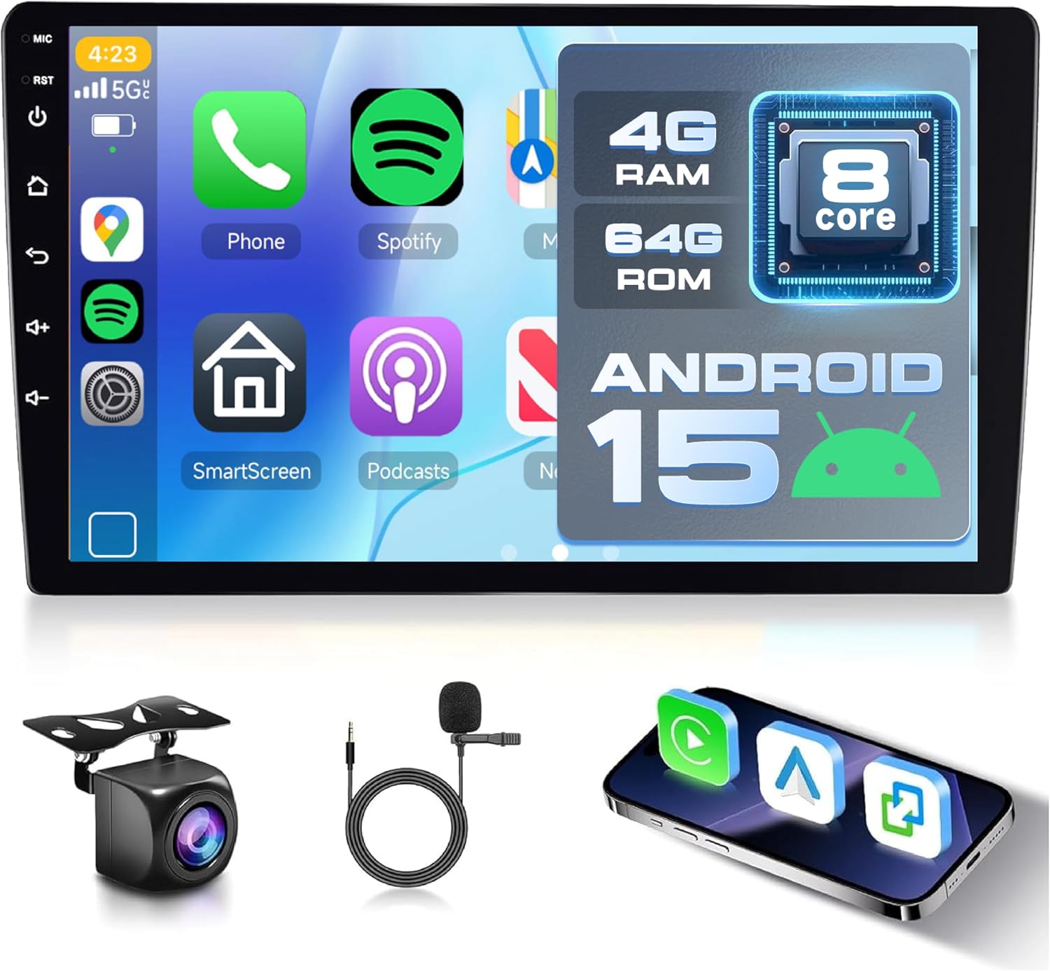 [4G+64G] Android Car Stereo 10.1 Inch Touch Screen Radio with Wireless Carplay Android Auto, 8 Core,GPS Navigation, Mirror Link,Bluetooth, DSP, WiFi, FM RDS, SWC, Camera