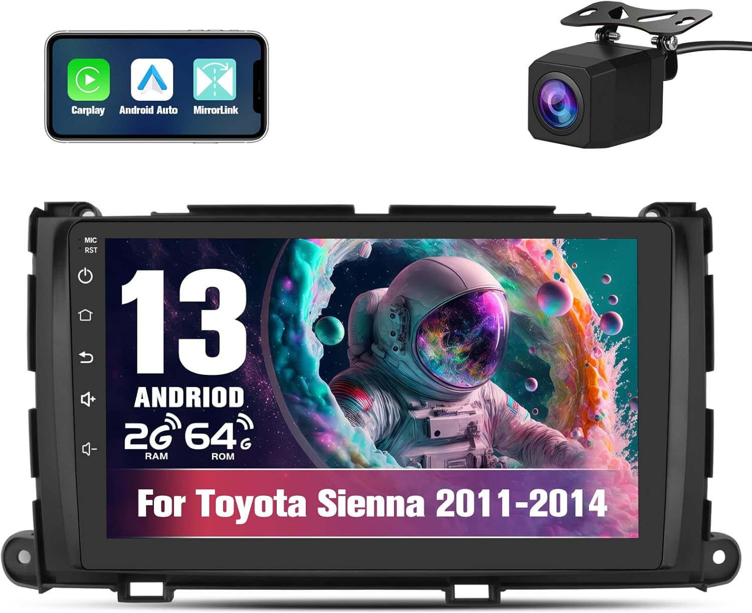2G+64G Car Radio Stereo for Toyota Sienna 2011-2014 9 Inch Android 13 Head Unit Touchscreen with CarPlay Android Auto Bluetooth GPS Navigation with Rear Camera