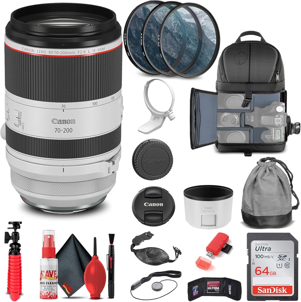 Canon RF 70-200mm f/2.8L is USM Lens (3792C002) + Filter Kit + Backpack + 64GB Card + Card Reader + Flex Tripod + Memory Wallet + Cap Keeper + Cleaning Kit + Hand Strap + More (Renewed)