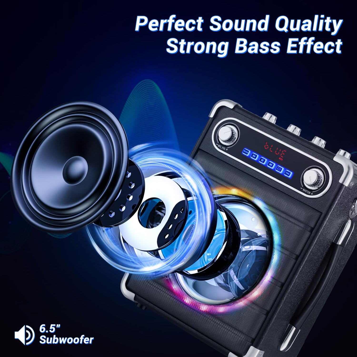 60W Karaoke Machine for Adults Kids, Portable Bluetooth Speaker with Bass/Treble Adjustment, Shoulder Strap, Remote Control, 2 Microphones, LED Lights, PA System Support TF/USB/AUX, TWS, Guitar