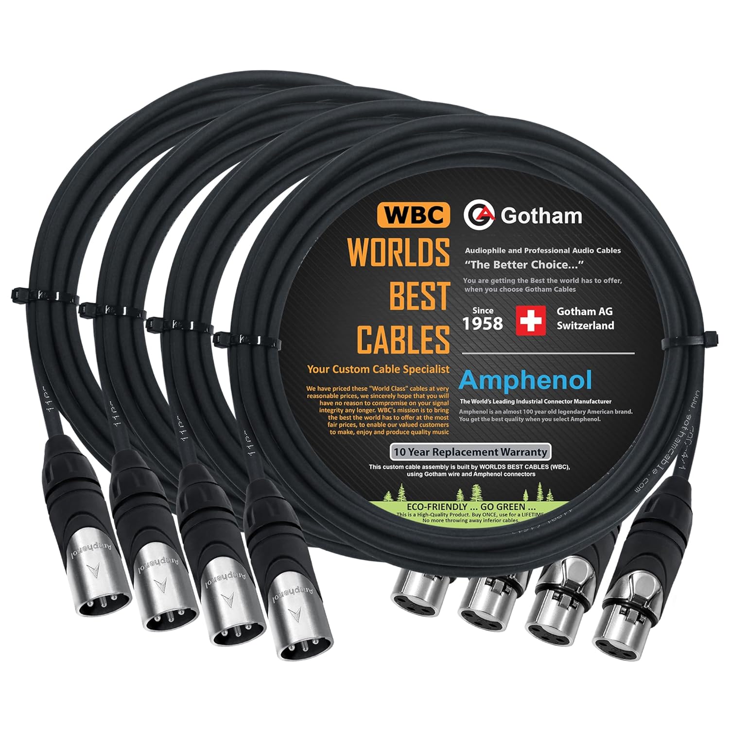 WORLDS BEST CABLES 4 Units - 12 Foot - Gotham GAC-4/1 (Black) - Star Quad, Dual Shielded Balanced Male to Female Microphone Cables with Amphenol AX3M & AX3F Silver XLR Connectors - Custom Made