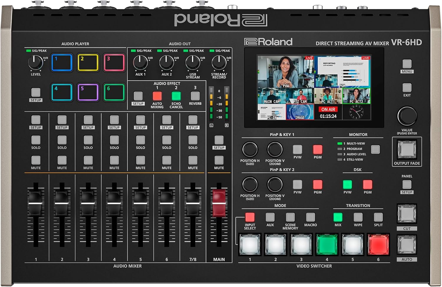 Roland VR-6HD | Ultra-compact Audio/Video Mixer with Direct Streaming Encoders | Ideal for Livestreaming | Extensive A/V Connectivity | 4.3” Touch Screen Multi-Viewer Display | Advanced Editing Tools