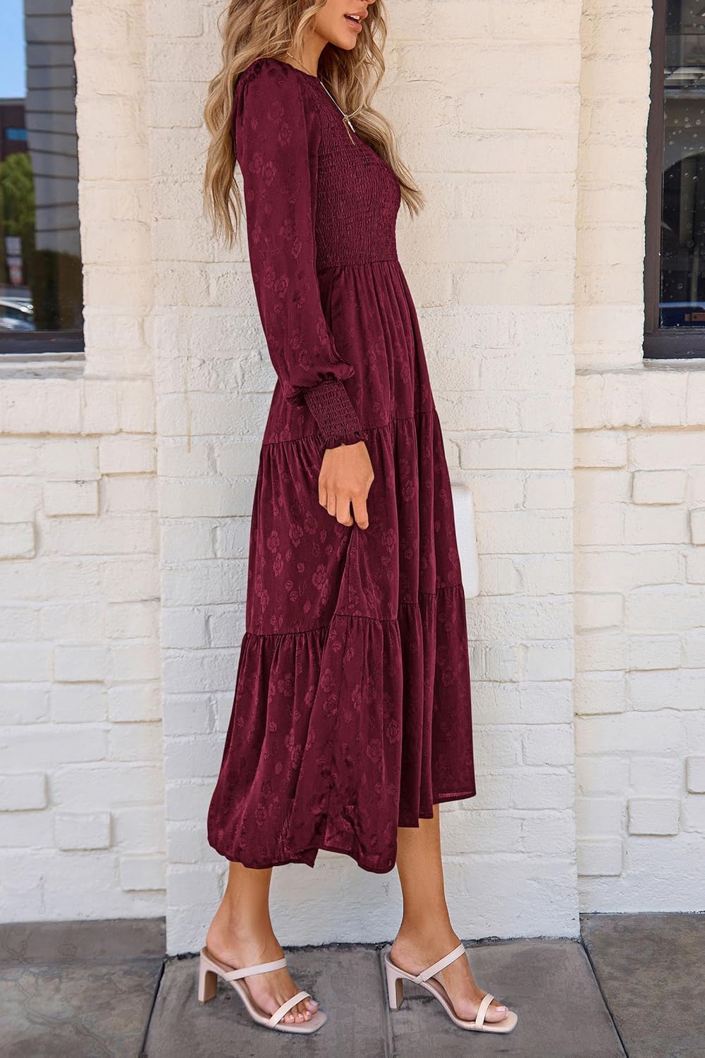 PRETTYGARDEN Women's Fall Spring Midi Dress Long Sleeve Floral Smocked Elegant Wedding Guest Long Flowy Dresses with Pockets