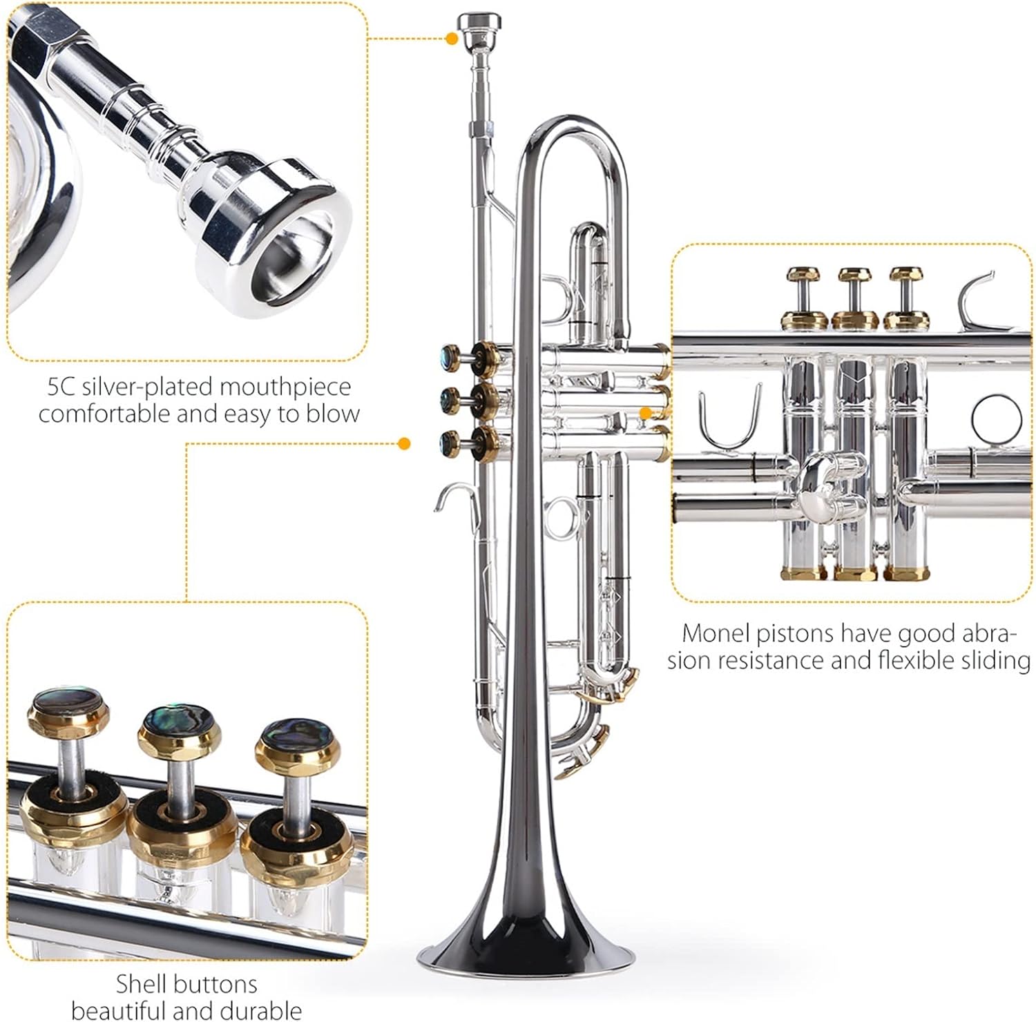 TSTS Prefessional Bb Trumpet Brass Material Silver-Plated Surface Beautiful Buttons Wind Instrument with 5C Mouthpiece Professional Trumpet