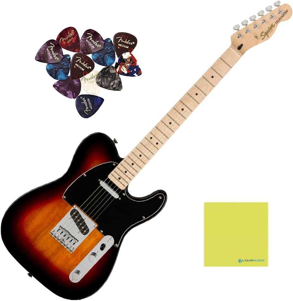 Fender Telecaster Guitar Squier Affinity Series Maple Fingerboard, 3-Color Sunburst Bundle with 12x Fender Guitar Picks & Liquid Audio Instrument Polishing Cloth
