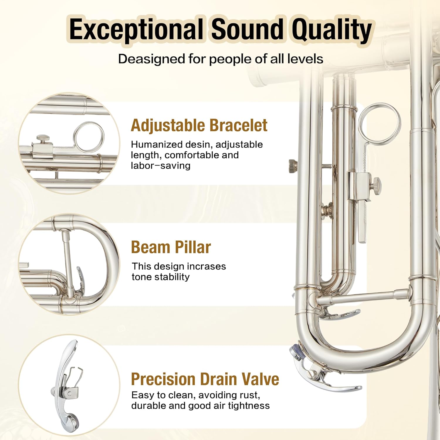 Trumpet Instrument, Band & Orchestra Musical Instruments for Beginners or Advanced Students (Nickel-Plated)