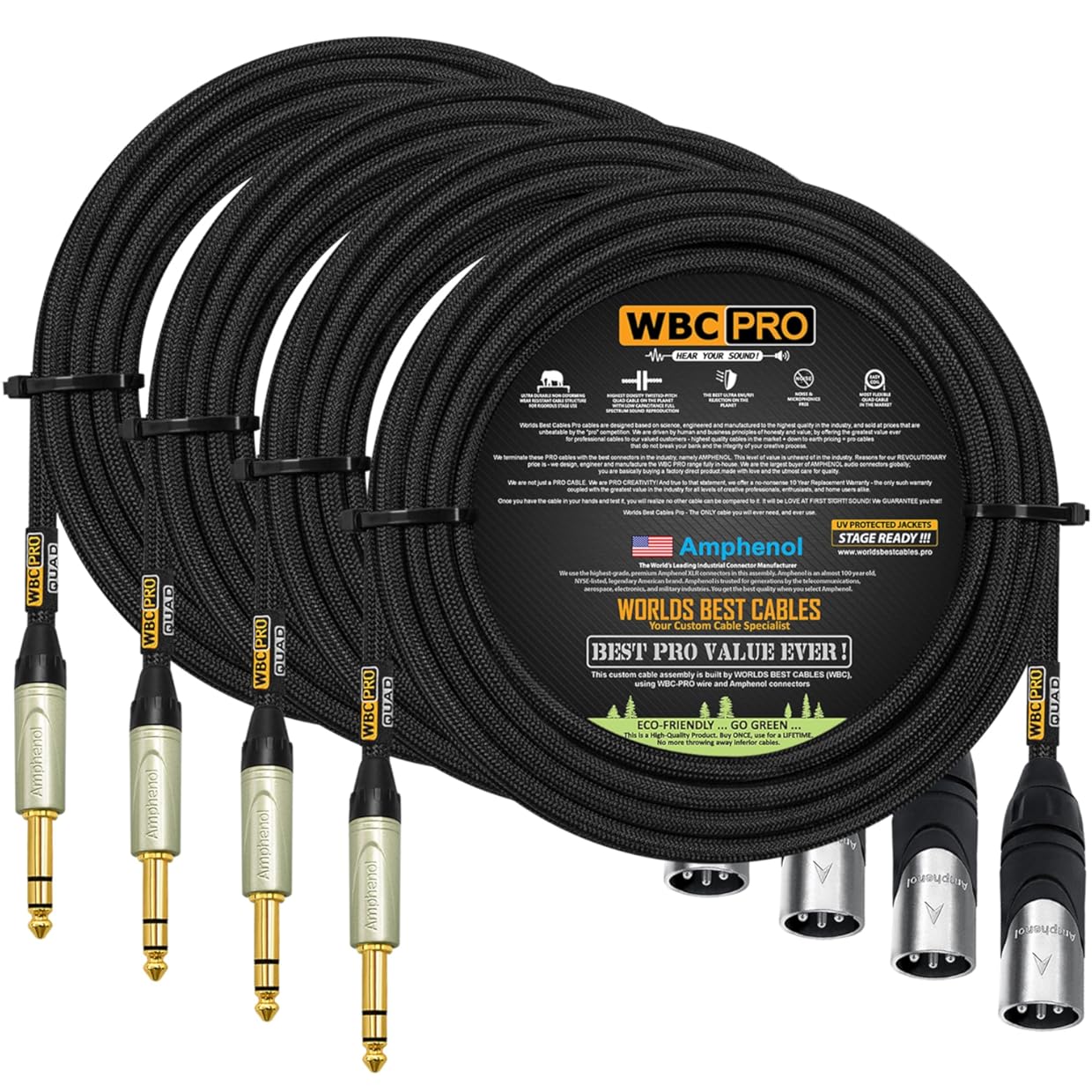 4 Units - 18 Foot - WBC-PRO-Quad Ultra-Silent Ultra-Flexible Balanced Star-Quad XLR to TRS Cable with Amphenol AX3M Male XLR & QS3P-AU Straight TRS Stereo Phone Plugs - Black Tweed Jacket