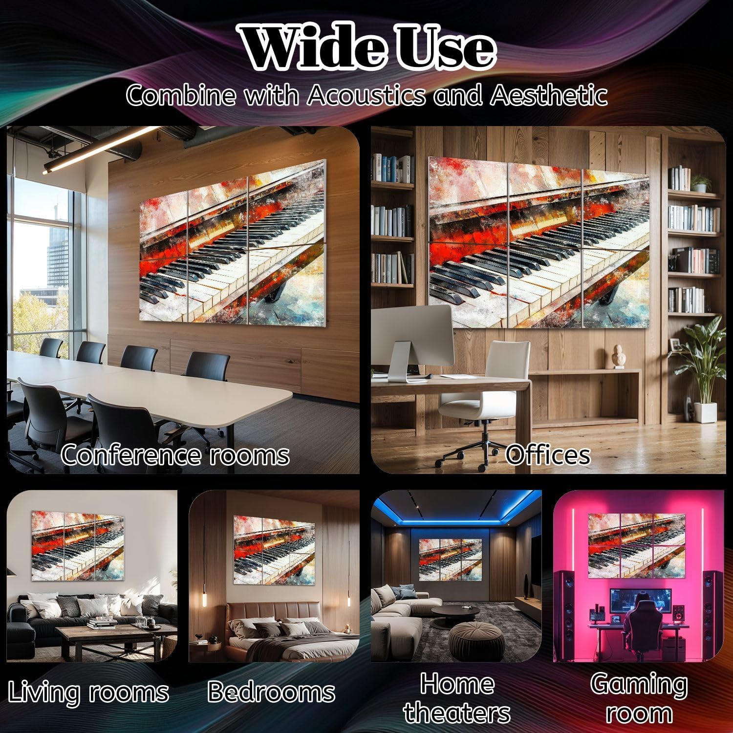 6 Pack Art Acoustic Panels Abstract colorful piano keyboard watercolor Sound Absorbing Panel 48