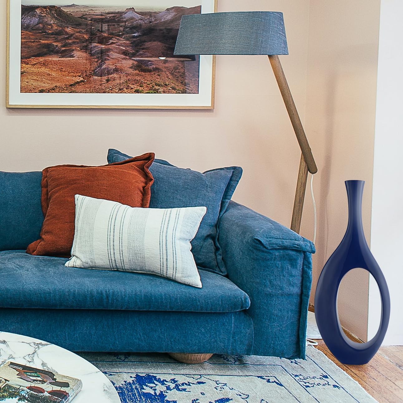 Finesse Decor Modern Abstract Resin Trombone Decorative Vase Handcrafted Home Decor Accents, Small, Navy Blue