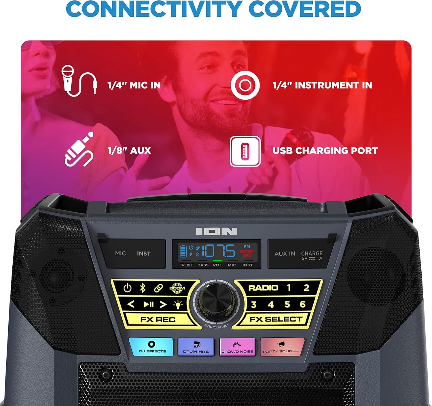 ION Block Rocker XL - Portable Bluetooth Outdoor Party Speaker, 220W, with Karaoke Microphone, Battery, 5 Speakers, Lights, Radio, USB Charging & App